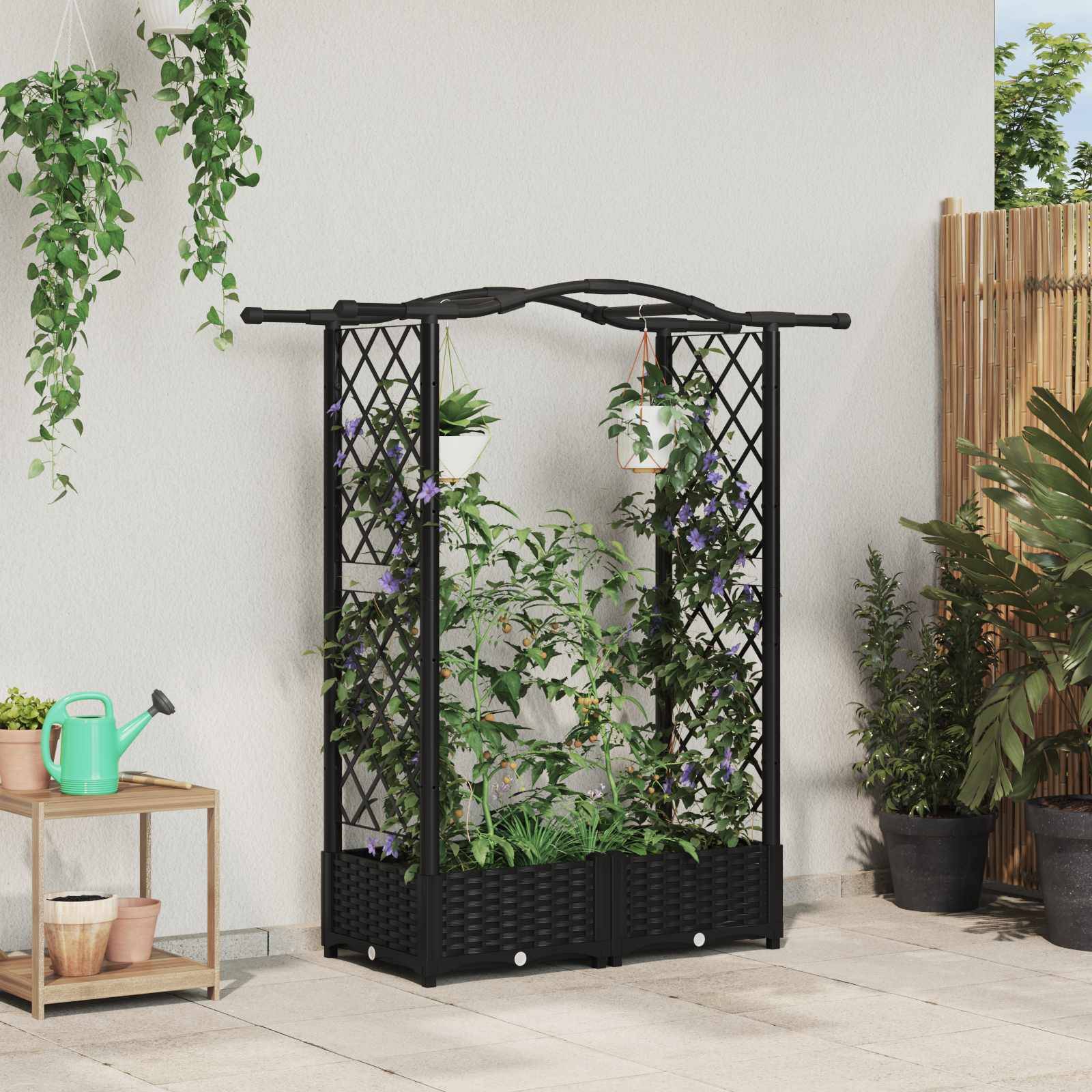 vidaXL Hochbeet mit Rankgitter und Dach Schwarz 124 x 40 x 125 cm PP