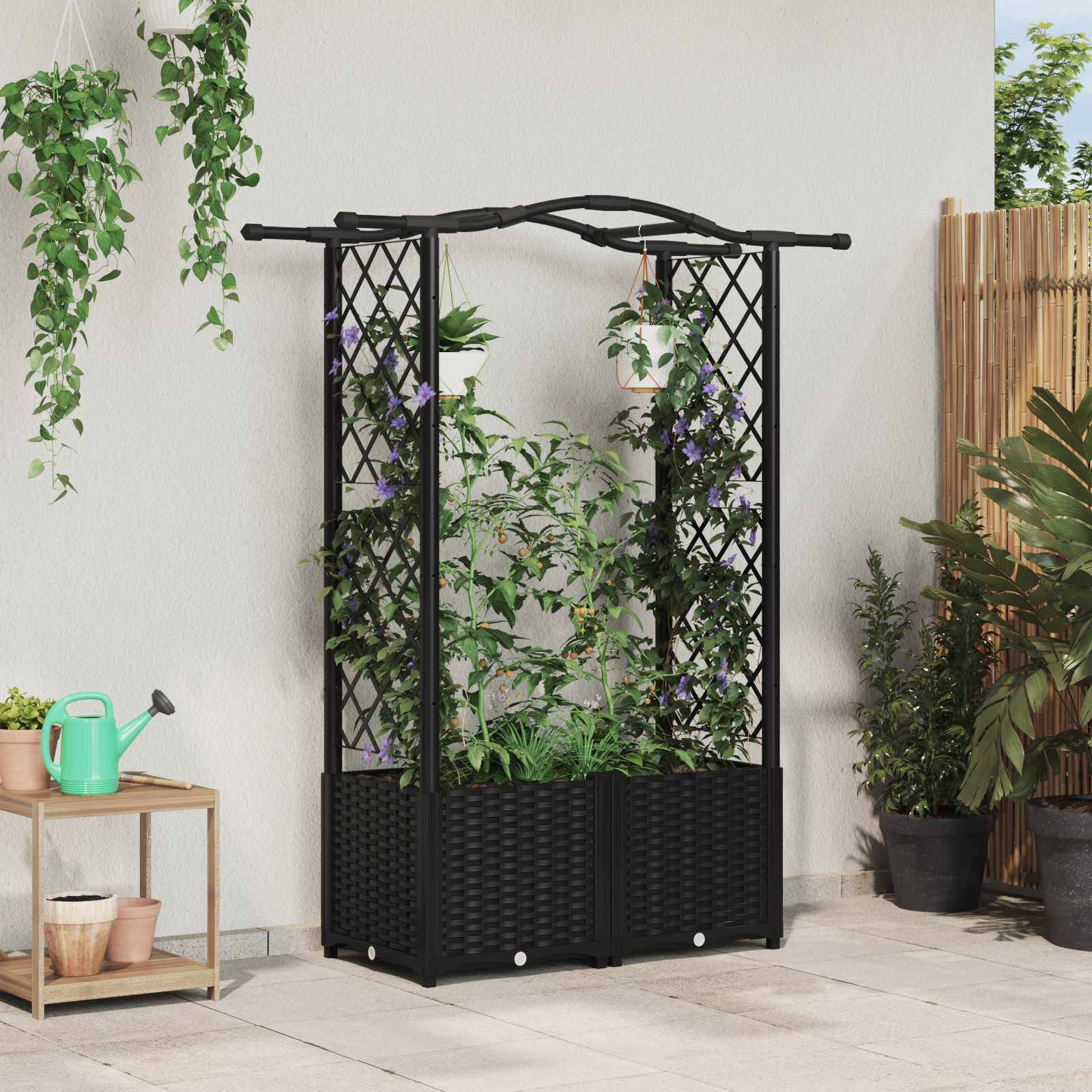 vidaXL Hochbeet mit Rankgitter und Dach Schwarz 125 x 40 x 138 cm PP