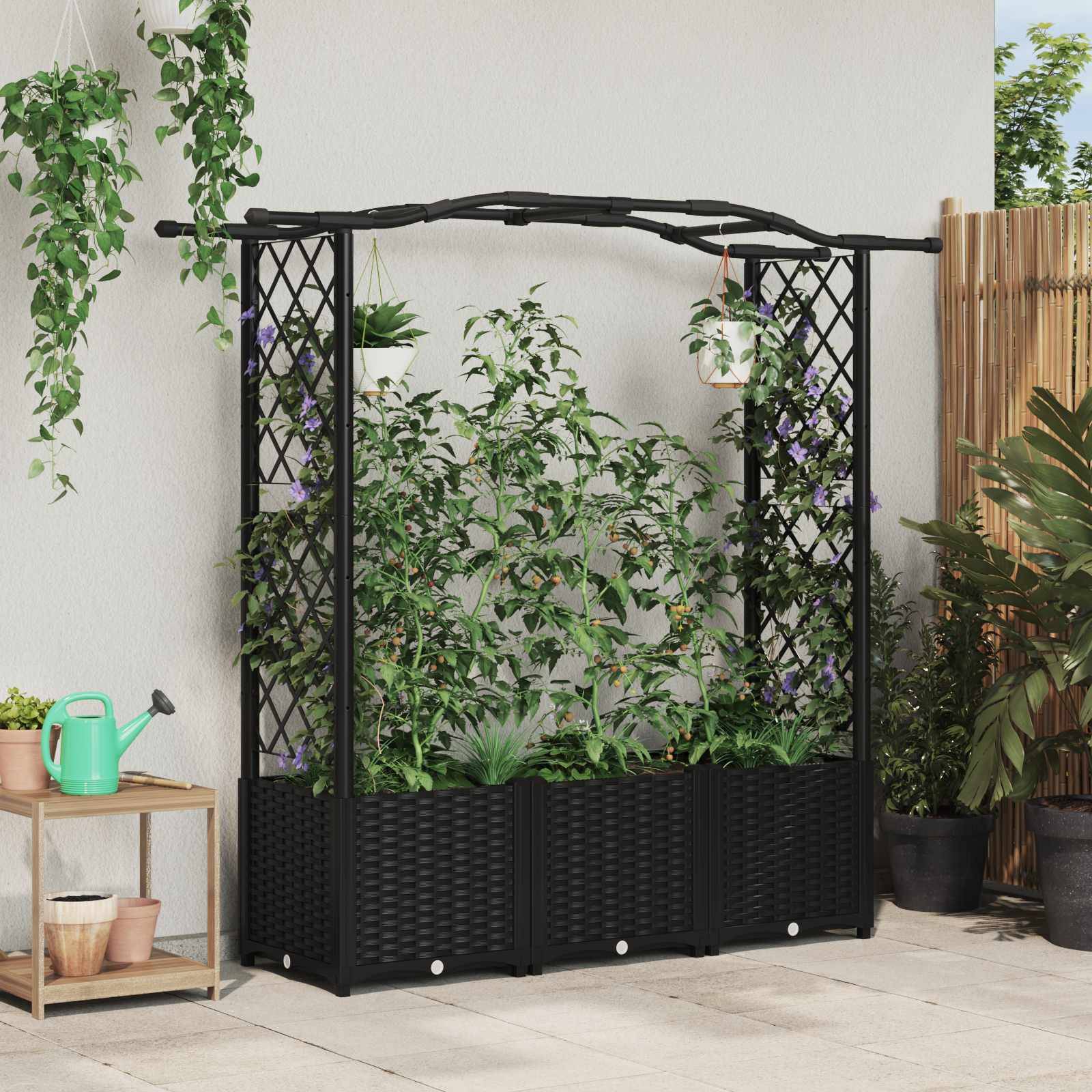 vidaXL Hochbeet mit Rankgitter und Dach Schwarz 164 x 40 x 142 cm PP