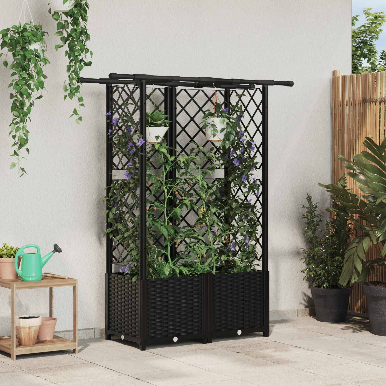 vidaXL Hochbeet mit Rankgitter und Dach Schwarz 124,5 x 40 x 138 cm PP
