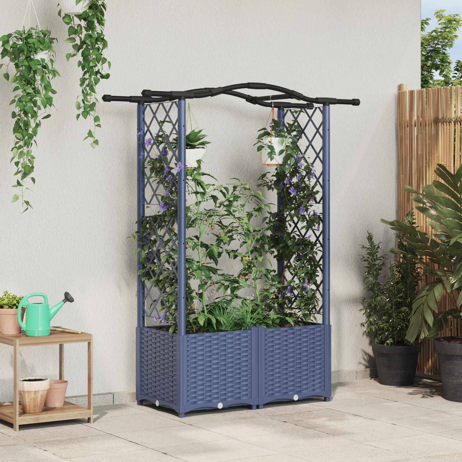 vidaXL Hochbeet mit Rankgitter und Dach Grau 125 x 40 x 138 cm PP