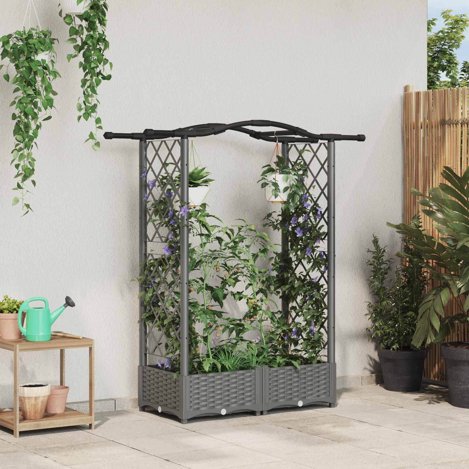 vidaXL Hochbeet mit Rankgitter und Dach Hellgrau 124 x 40 x 125 cm PP