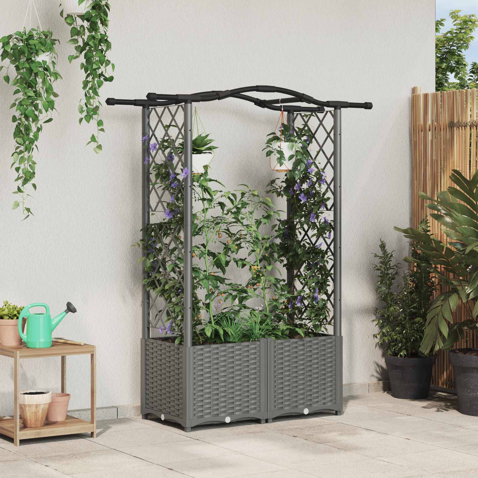 vidaXL Hochbeet mit Rankgitter und Dach Hellgrau 125 x 40 x 138 cm PP