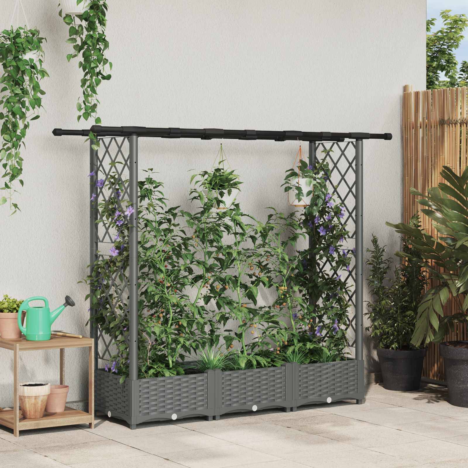 vidaXL Hochbeet mit Rankgitter und Dach Hellgrau 164 x 40 x 123 cm PP