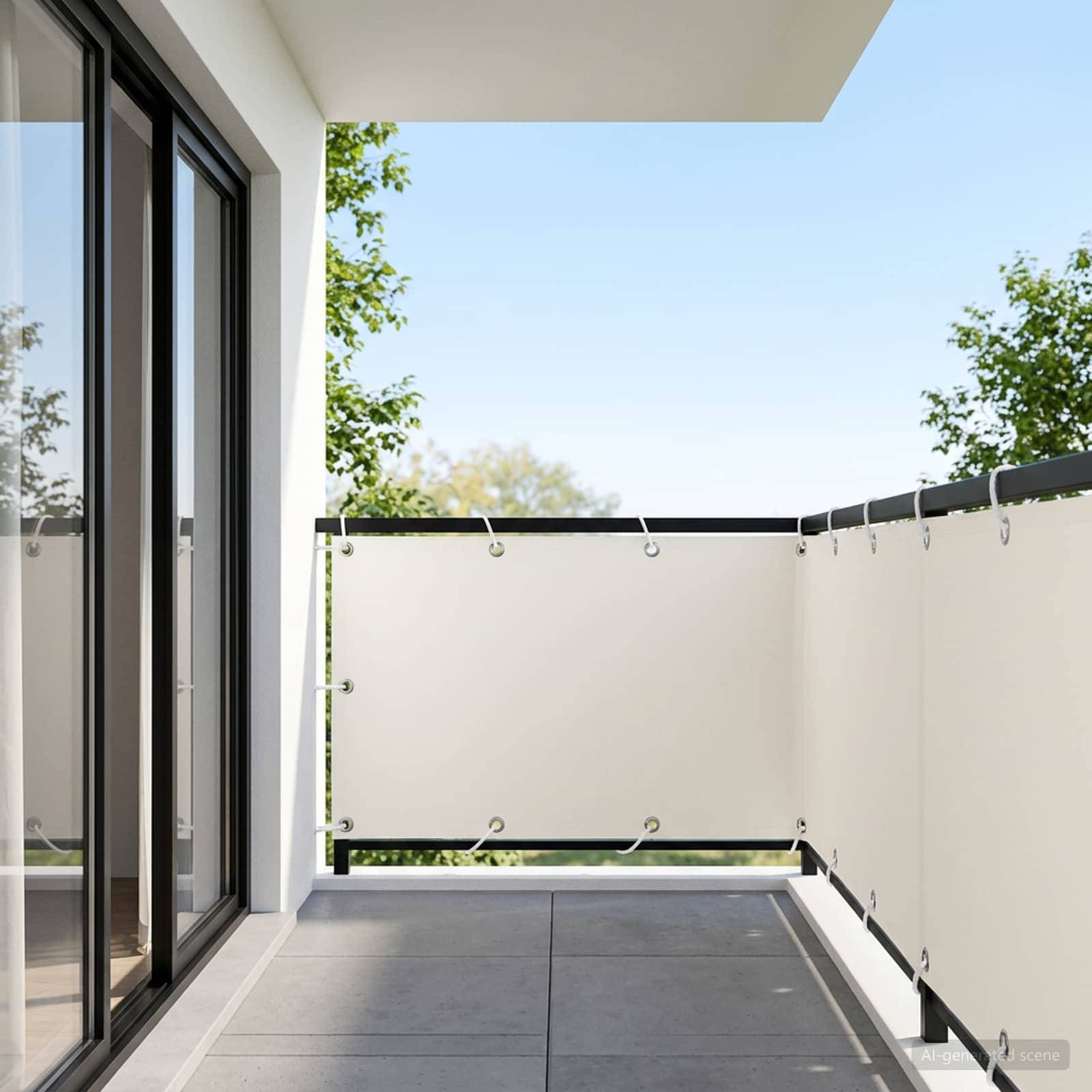 Leerer moderner Balkon mit Glasschiebetüren, Sichtschutzgeländer und Fliesenboden mit Blick auf Bäume und blauen Himmel.