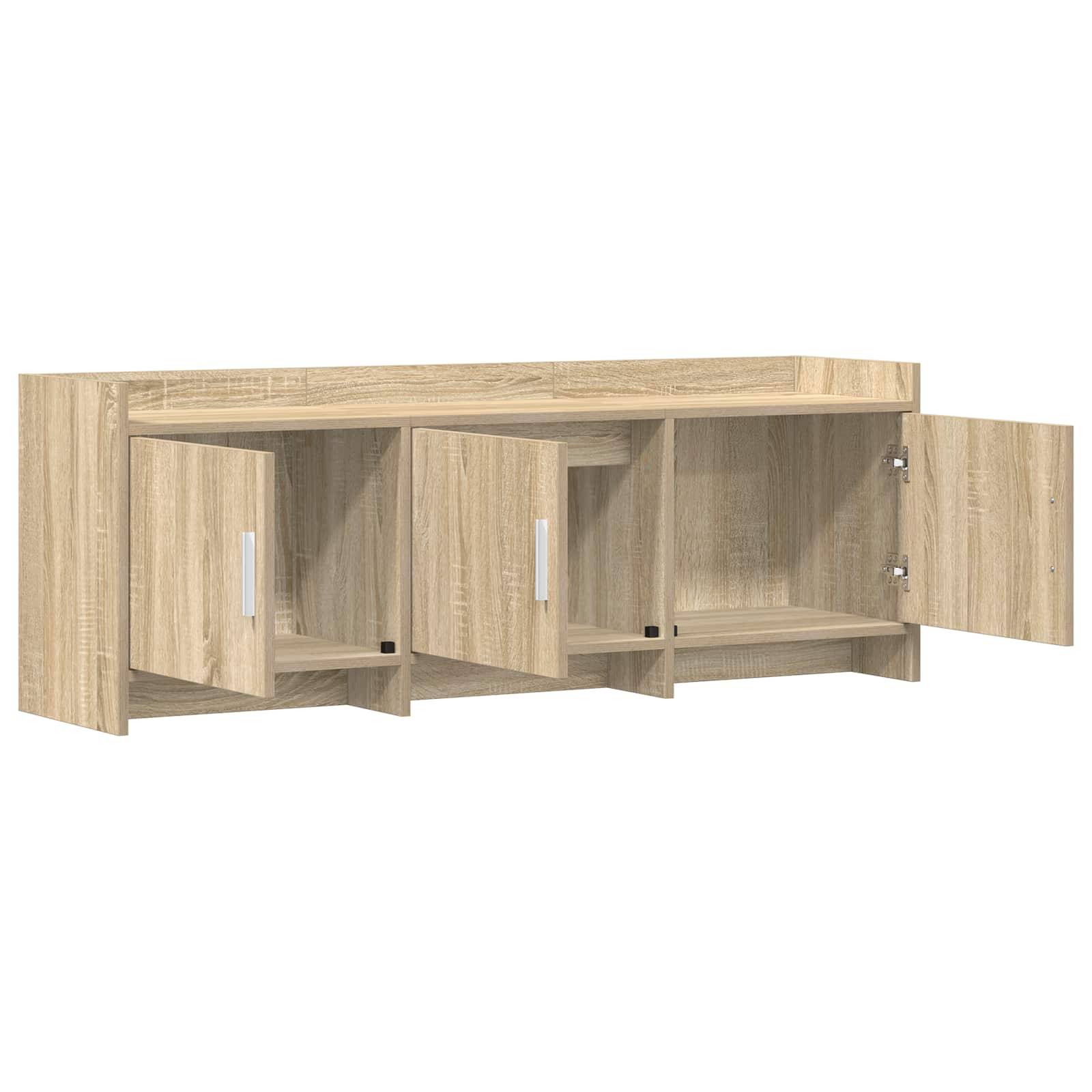 Helles Holzwandschrank mit drei offenen Fächern und vier Kllapptüren, gezeigt vor einem weißen Hintergrund.