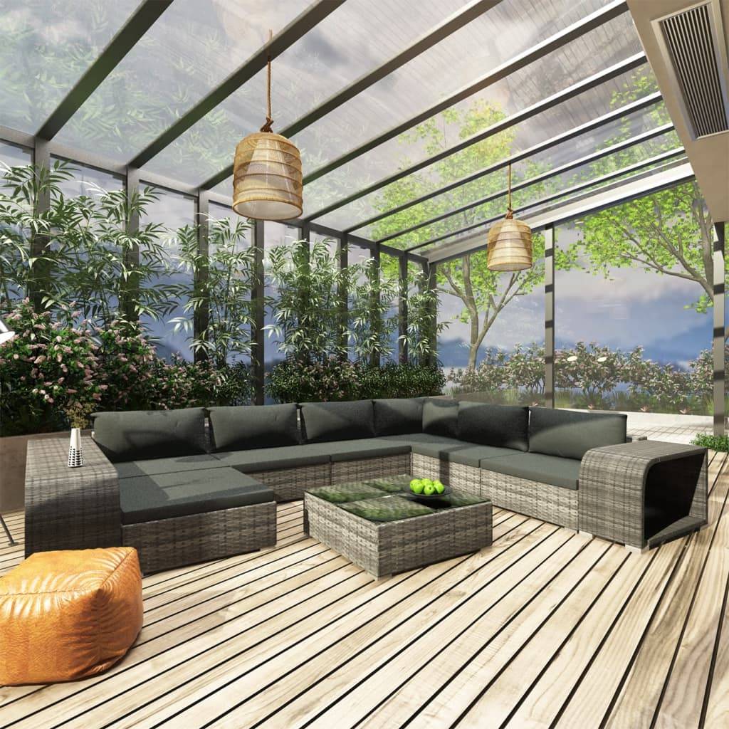 vidaXL 10-tlg. Garten-Lounge-Set mit Auflagen Poly Rattan Grau