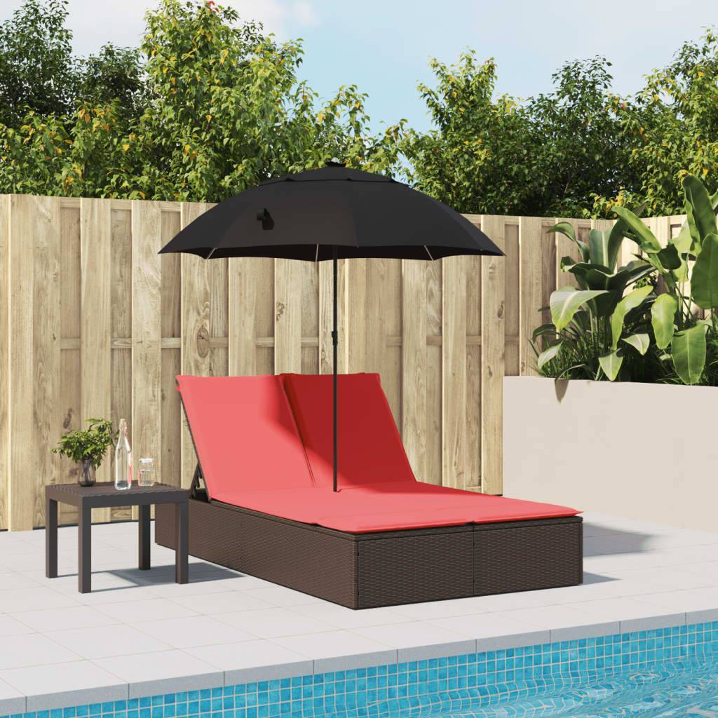 vidaXL Doppel-Sonnenliege mit Kissen & Sonnenschirm Braun Poly Rattan