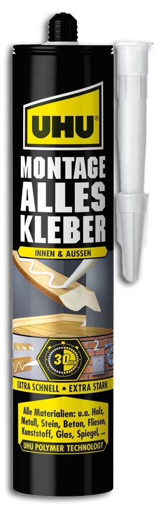 UHU MONTAGE ALLESKLEBEREigenschaftenUniversell einsetzbarSchneller FestigkeitszuwachsFür alle Materialien und OberflächenWasserfest und UV-Licht- un
