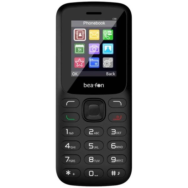 Schwarzes Bea-fon Tastentelefon mit Tastatur, auf dem ein 