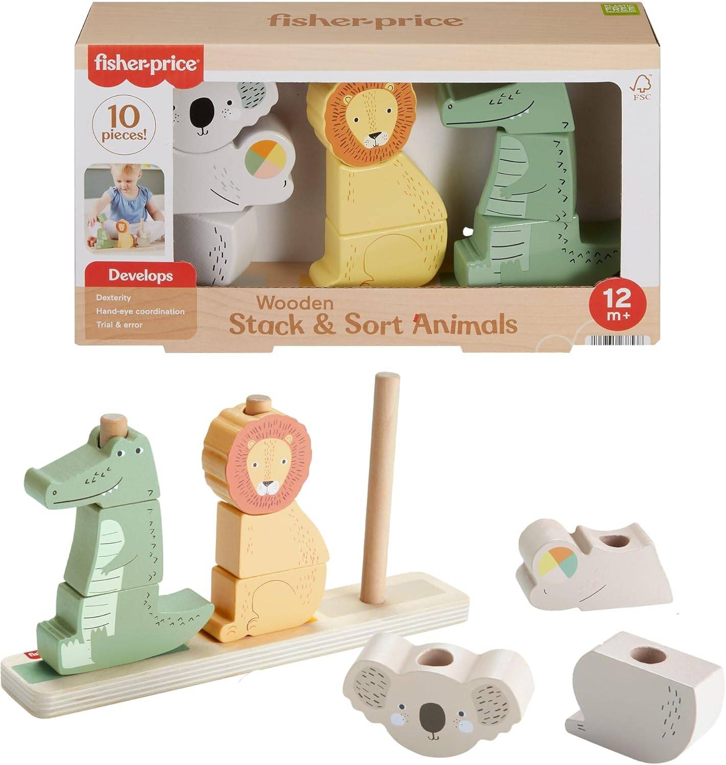 Fisher-Price Baby Kleinkinder Stapel- und Sortier Tierwelt Holz 10-tlg. 1+ HXV04
