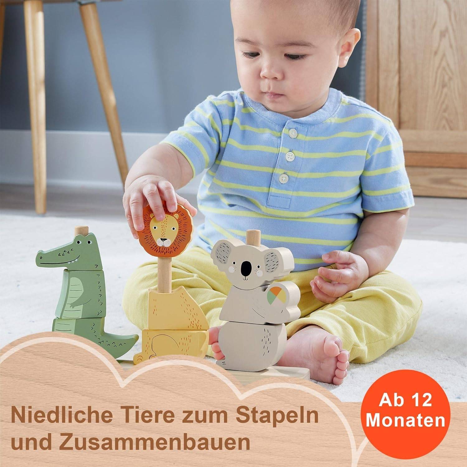 Fisher-Price Baby Kleinkinder Stapel- und Sortier Tierwelt Holz 10-tlg. 1+ HXV04
