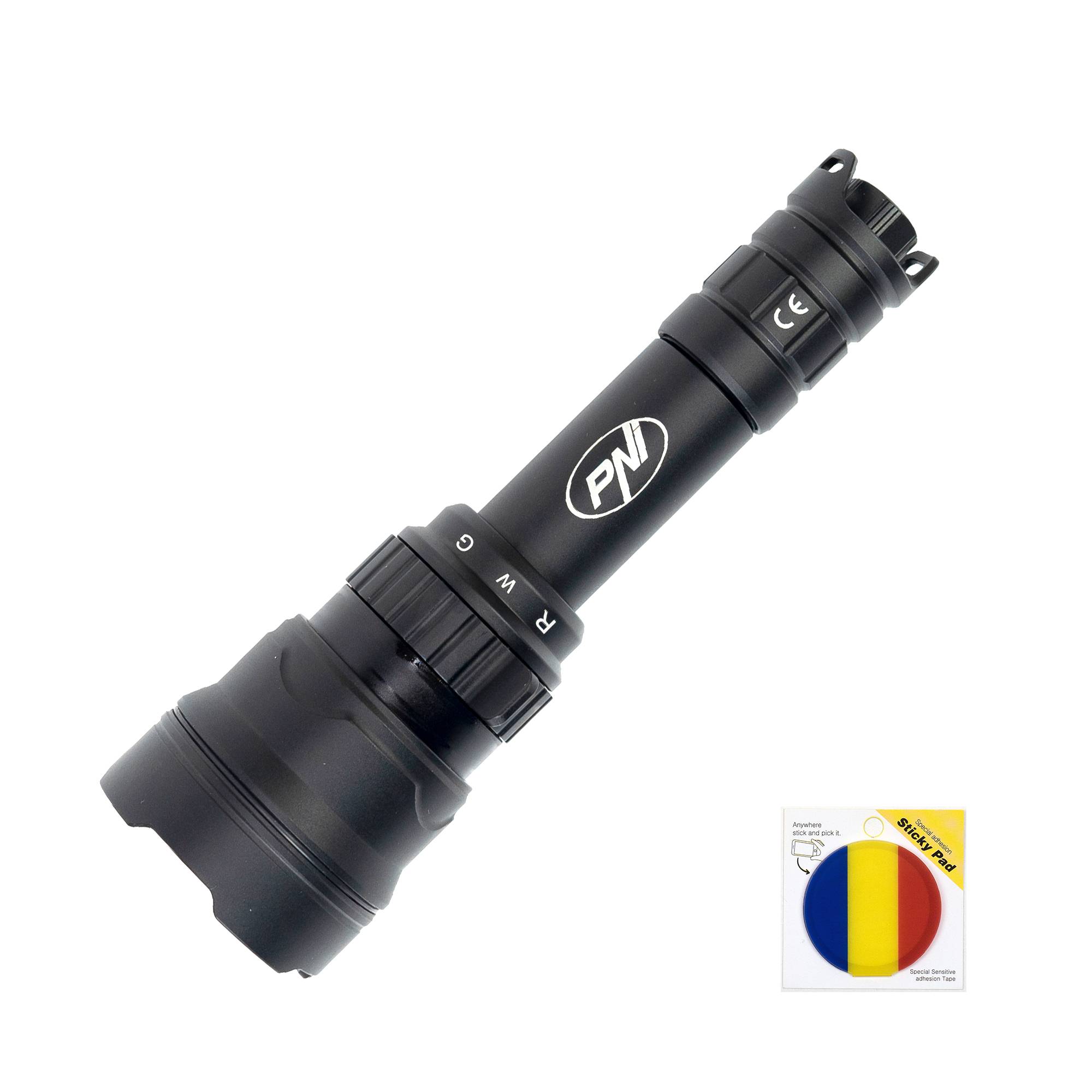 PNI Adventure F300 LED-Taschenlampenpaket in 3 Farben: weiß, rot, grün, maximal 10W, IPX6 + Sticky Pad-Flagge