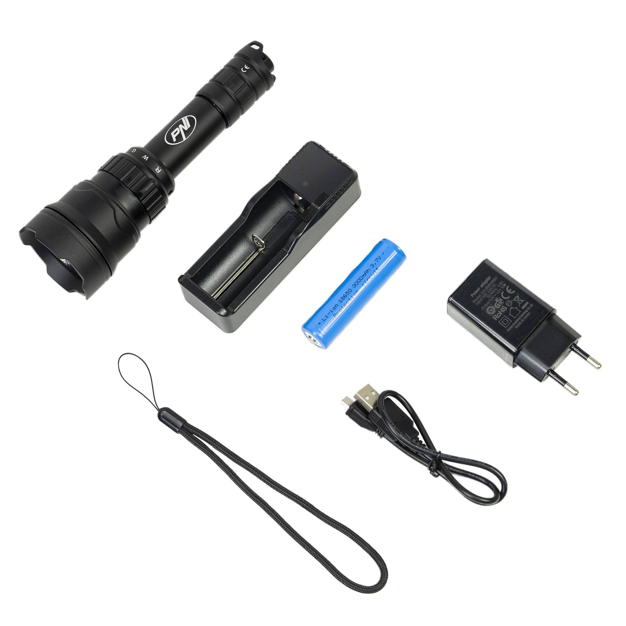 PNI Adventure F300 LED-Taschenlampenpaket in 3 Farben: weiß, rot, grün, maximal 10W, IPX6 + Sticky Pad-Flagge