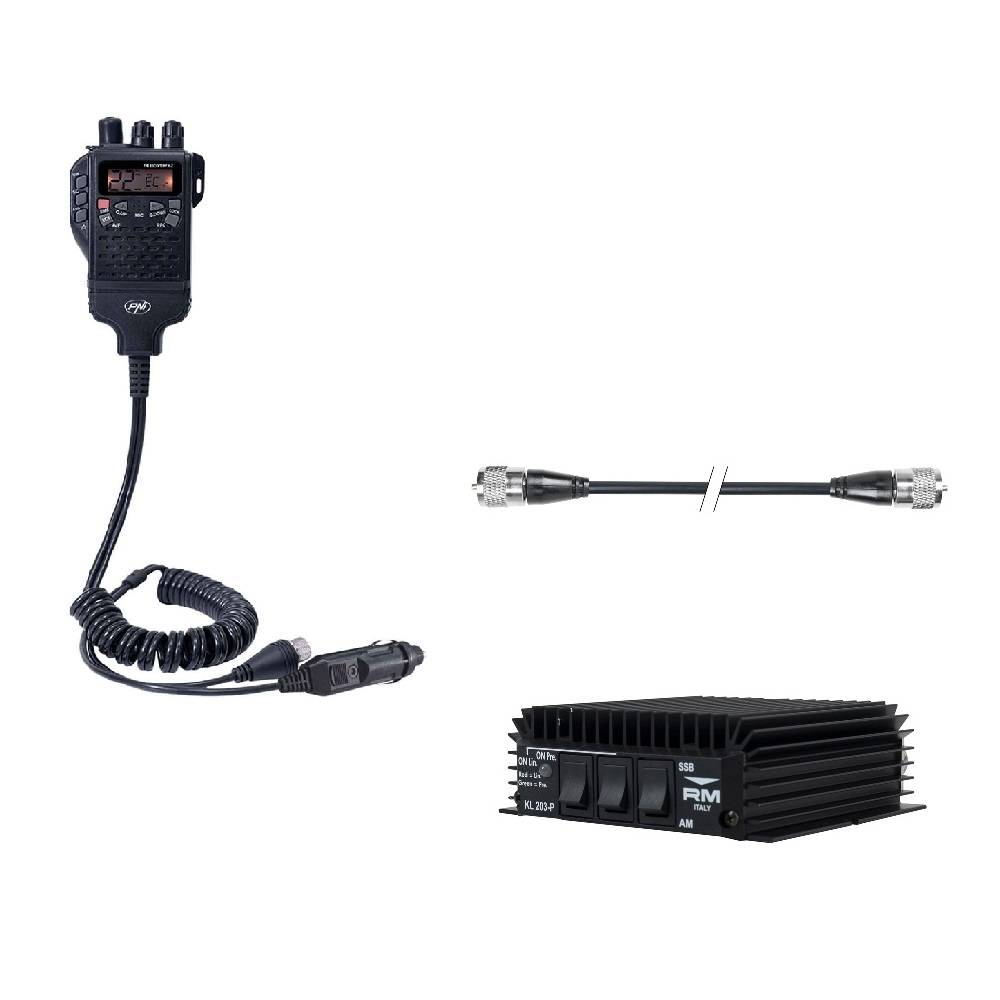 Paket Tragbare CB-Funkstation PNI Escort HP 62 Multi-Standard + Verstärker RX-TX KL203P, AM-FM-SSB, 100 W, 12 V und Kabel PNI R50