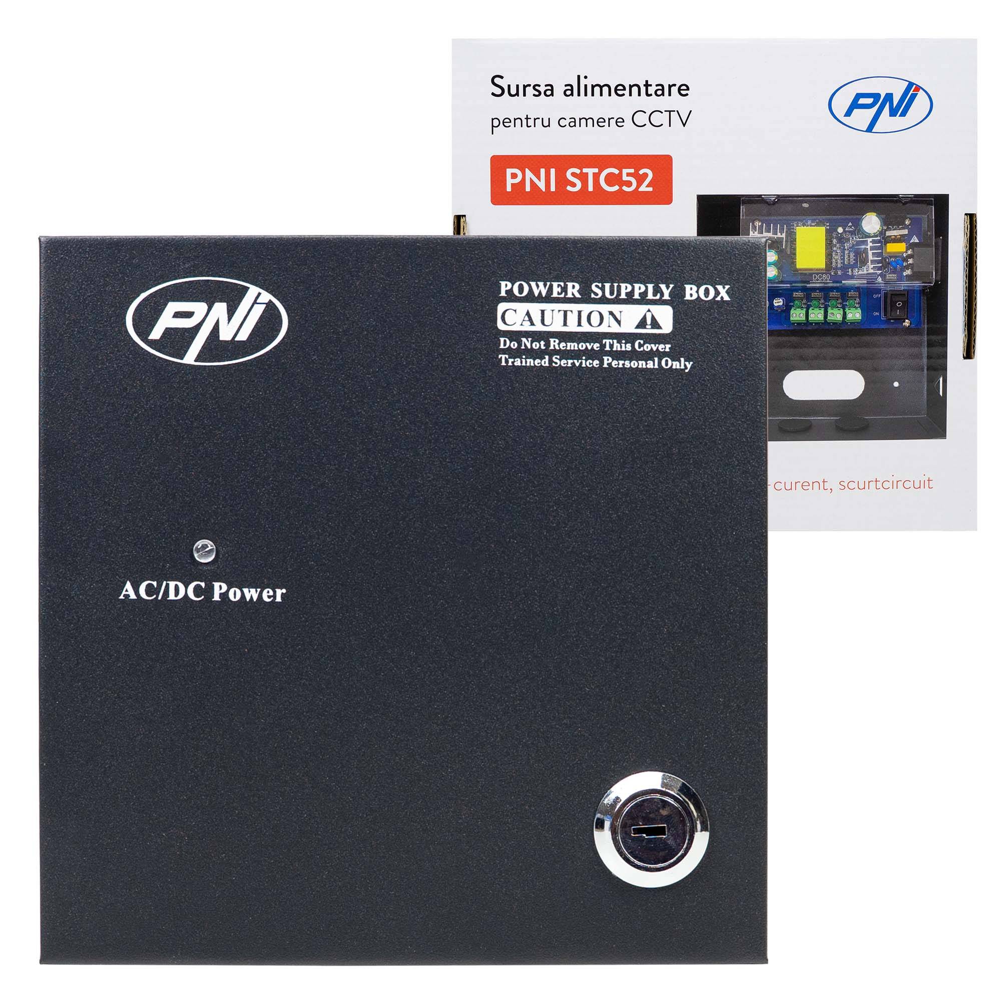 PNI STC52 CCTV-Netzteil 12V, 5A, 60W, 4 Ausgänge, im Metallgehäuse, schwarz