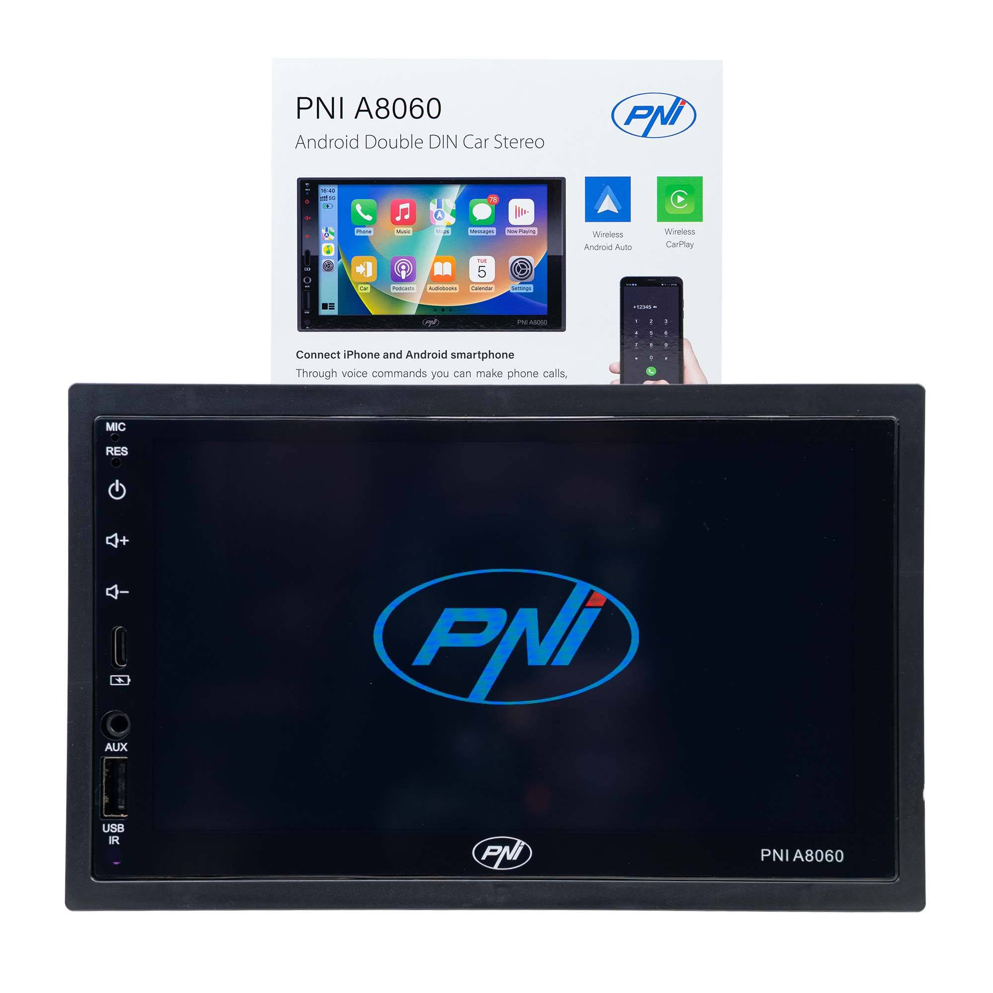 PNI A8060 Autoradio mit Android 13, 4 GB DDR3-Speicher/64 GB ROM, 7-Zoll-Bildschirm, CarPlay, Android Auto, Bluetooth, WLAN und FM-Radio