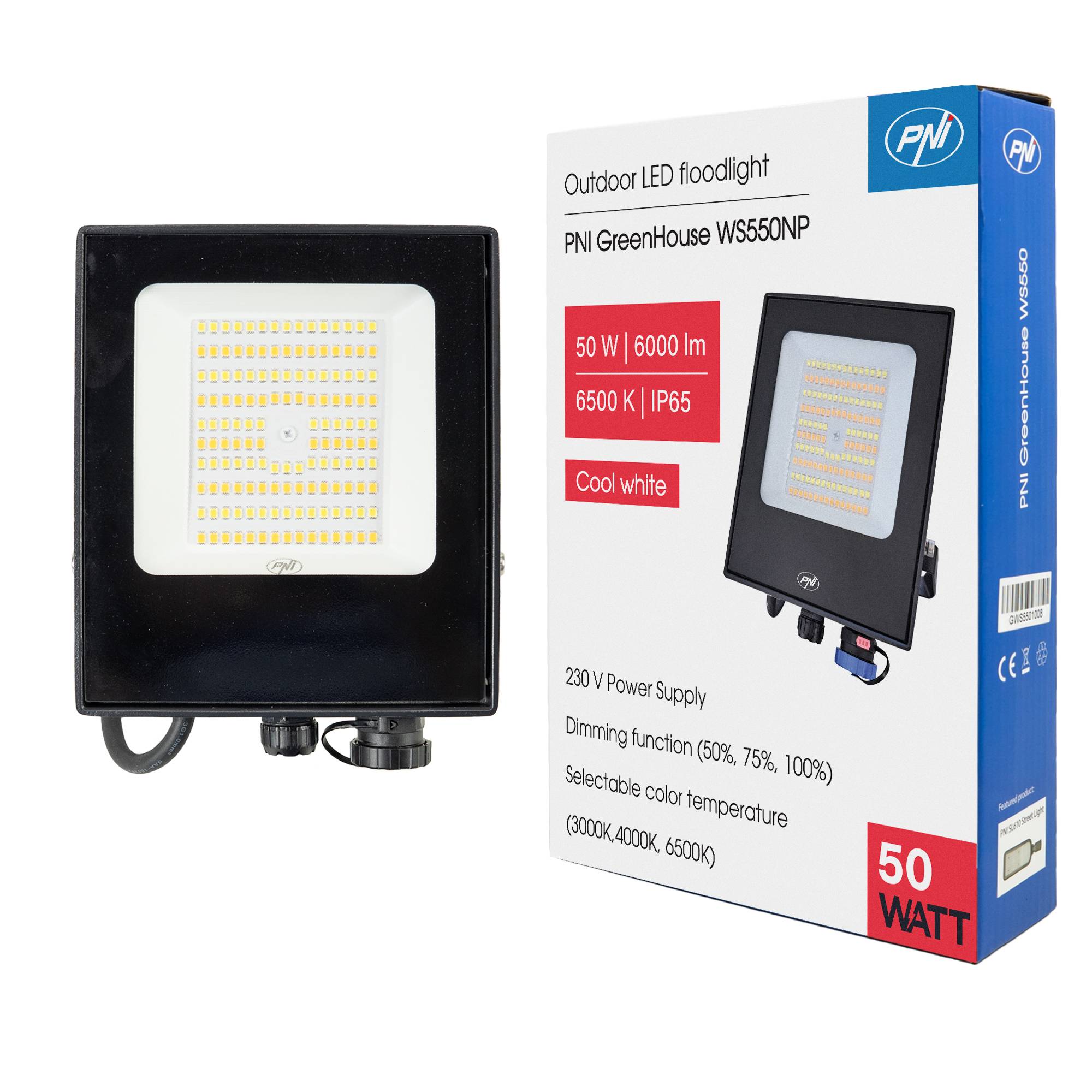 PNI GreenHouse LED-Flutlicht WS550NP 50W 230V Netzteil, einstellbare Farbtemperatur (3000K, 4000K, 6500K), einstellbare Lichtintensität