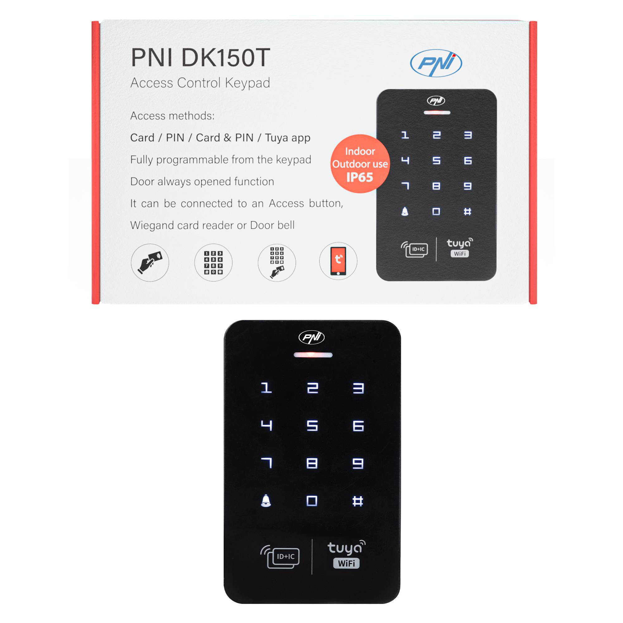 Stand-alone-Zugangskontrolltastatur PNI DK150, Entriegelung mit PIN, RFID-Karte, IP65, schwarz