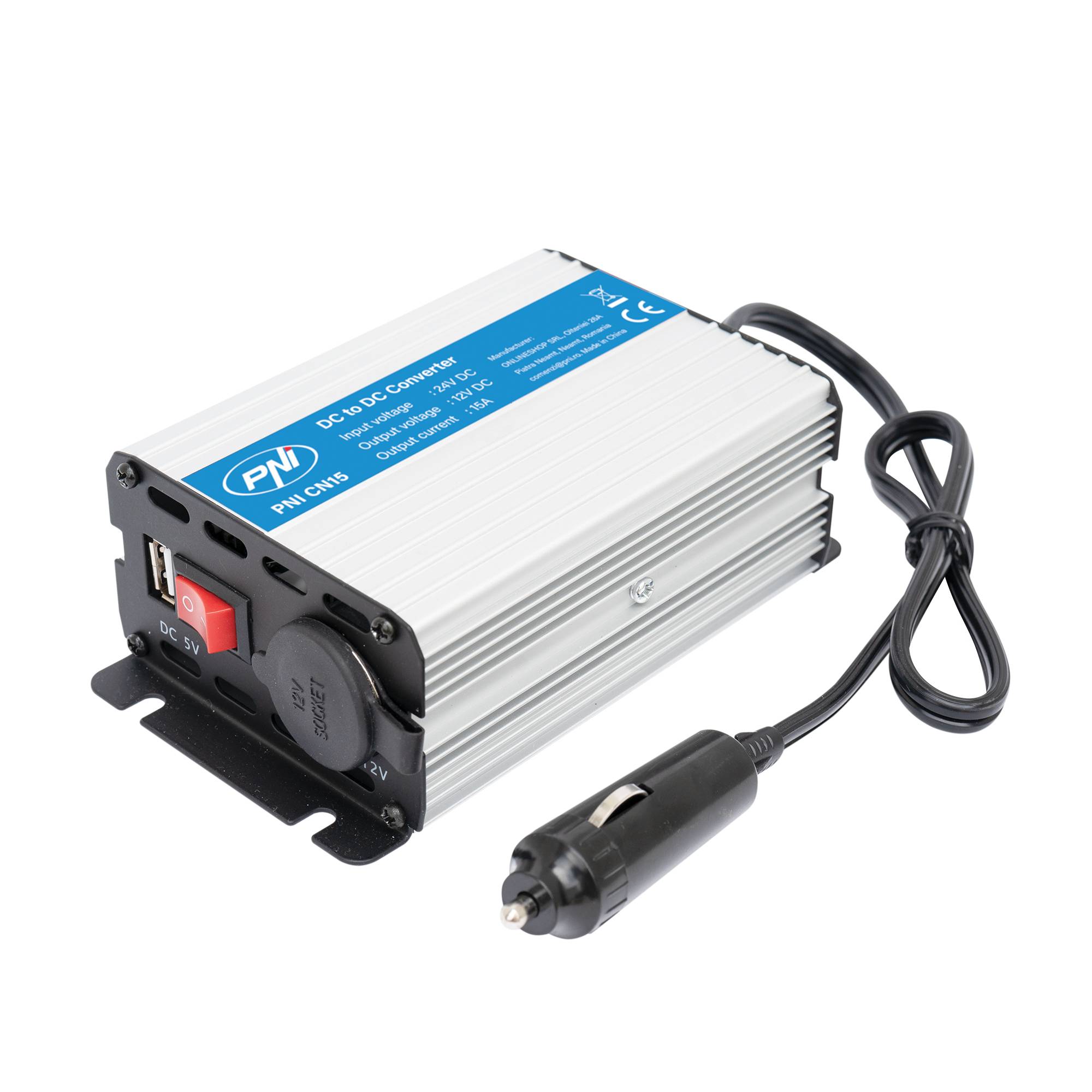 PNI CN15 Spannungswandler 180W, 24V-12V, 15A, USB 2.0, Ausgang Kurzschlussschutz