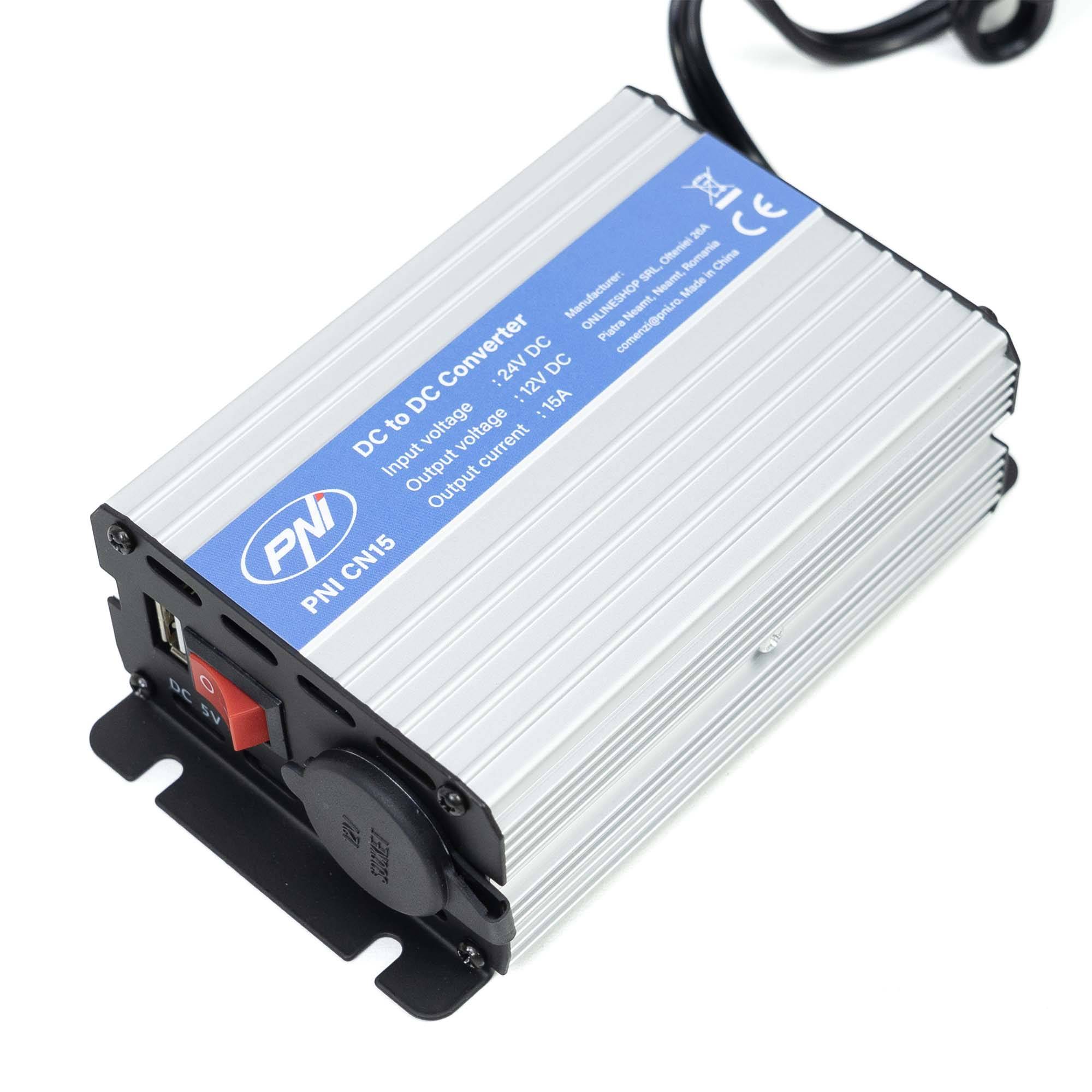PNI CN15 Spannungswandler 180W, 24V-12V, 15A, USB 2.0, Ausgang Kurzschlussschutz