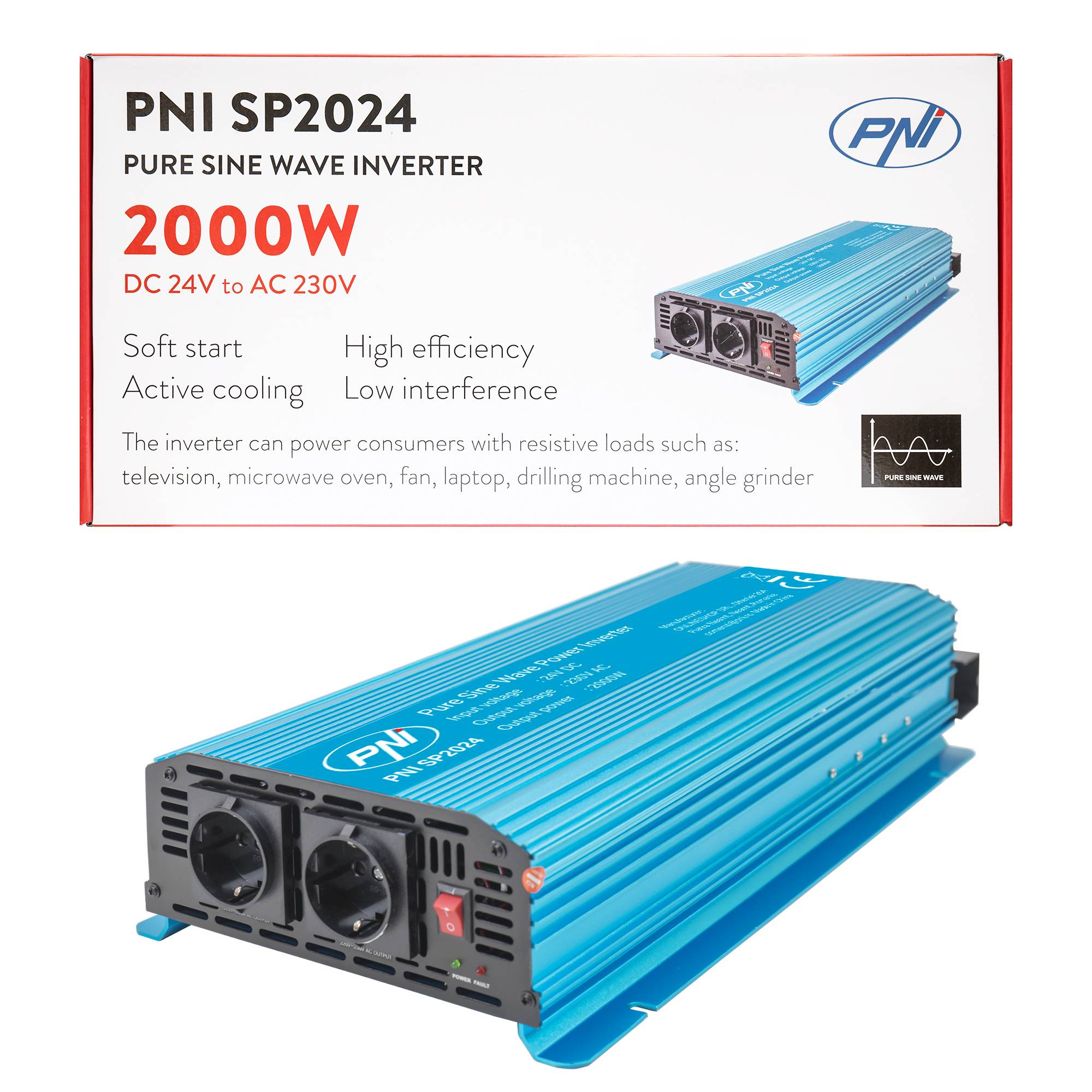 Spannungswandler PNI SP2024 24V Netzteil 230V Ausgang 2000W reine Sinuswelle