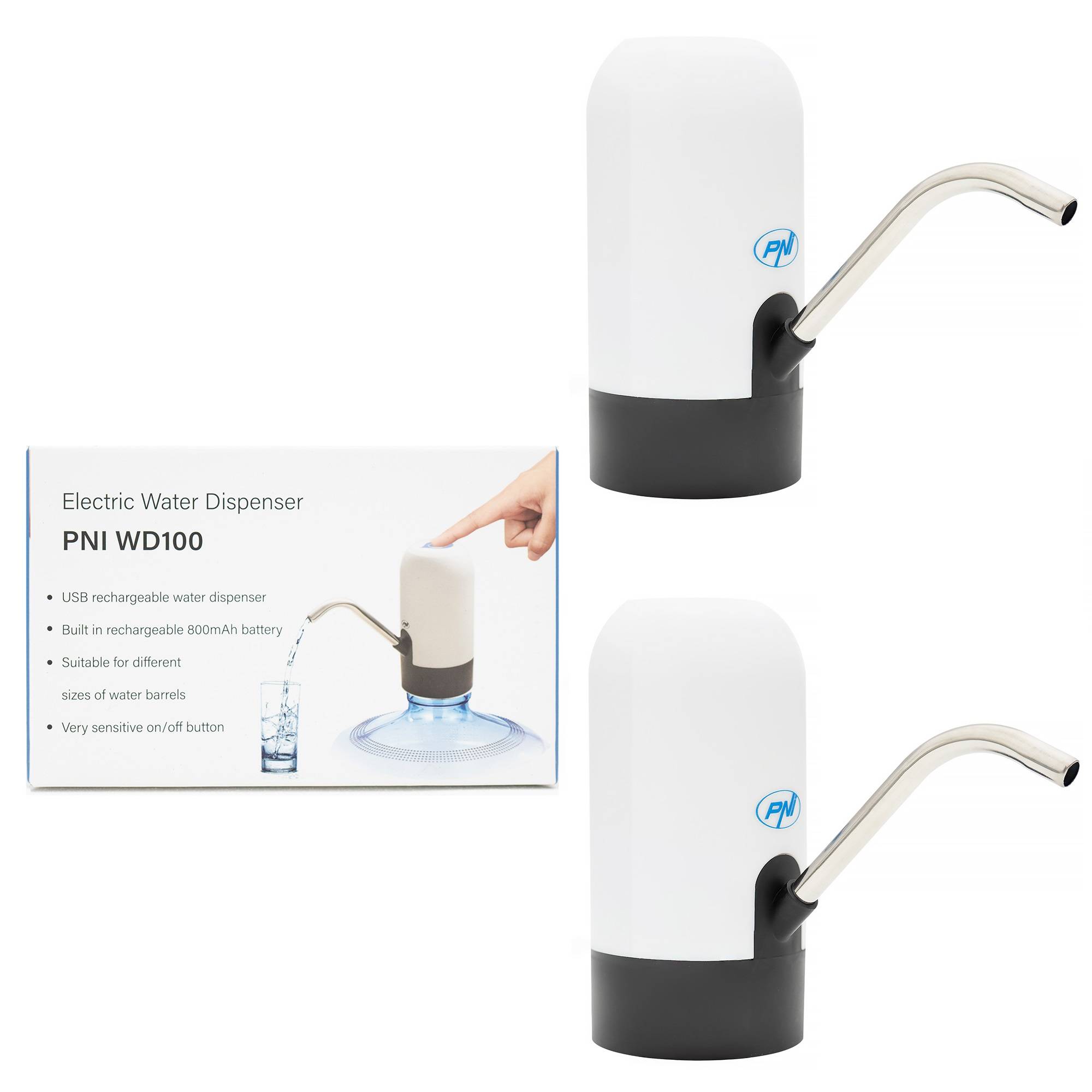 2er-Pack elektrische Wasserflaschenpumpe PNI WD100, Aufladen über USB-C, 800 mAh Akku, 4W Leistung