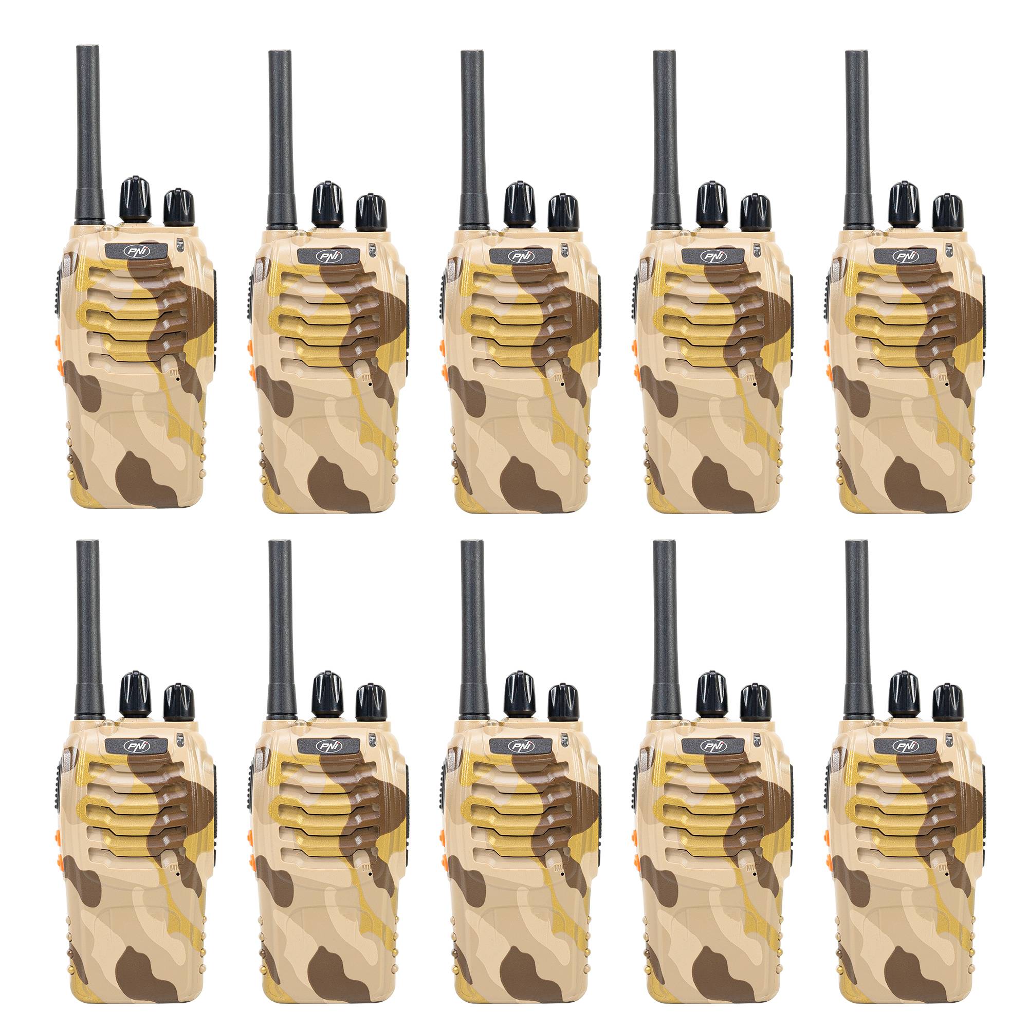 PNI PMR R40 CAMO tragbares Radiosender-Set, Set mit 10 Stück, 0,5 W, 16 PMR, 1200 mAh-Akkus, inklusive Ladegeräten und Kopfhörern