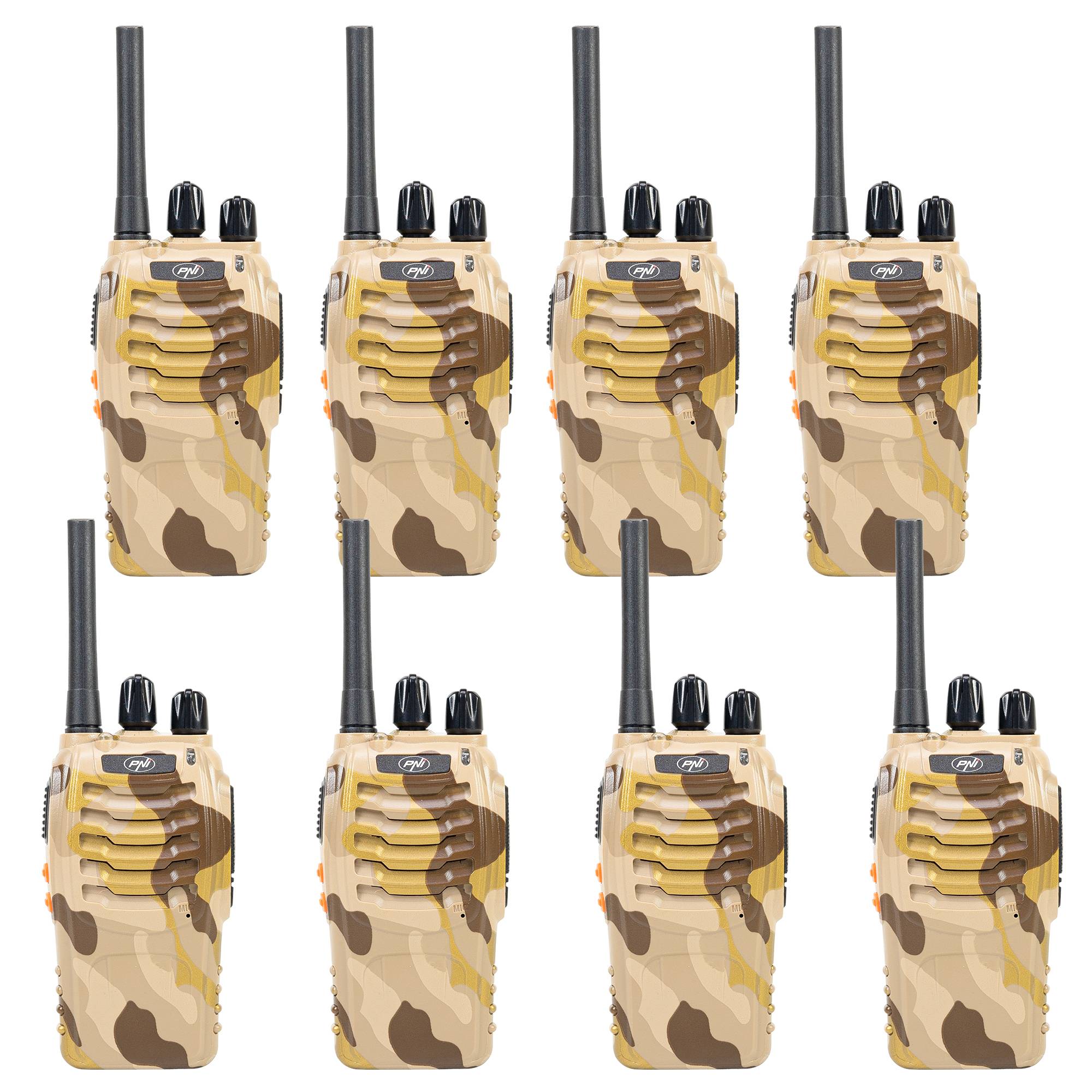 Packung mit 8 tragbaren Radiosendern PNI PMR R40 CAMO 0,5 W, 16 PMR, Li-Ion 1200 mAh mit Ladegeräten und Kopfhörern im Lieferumfang enthalten