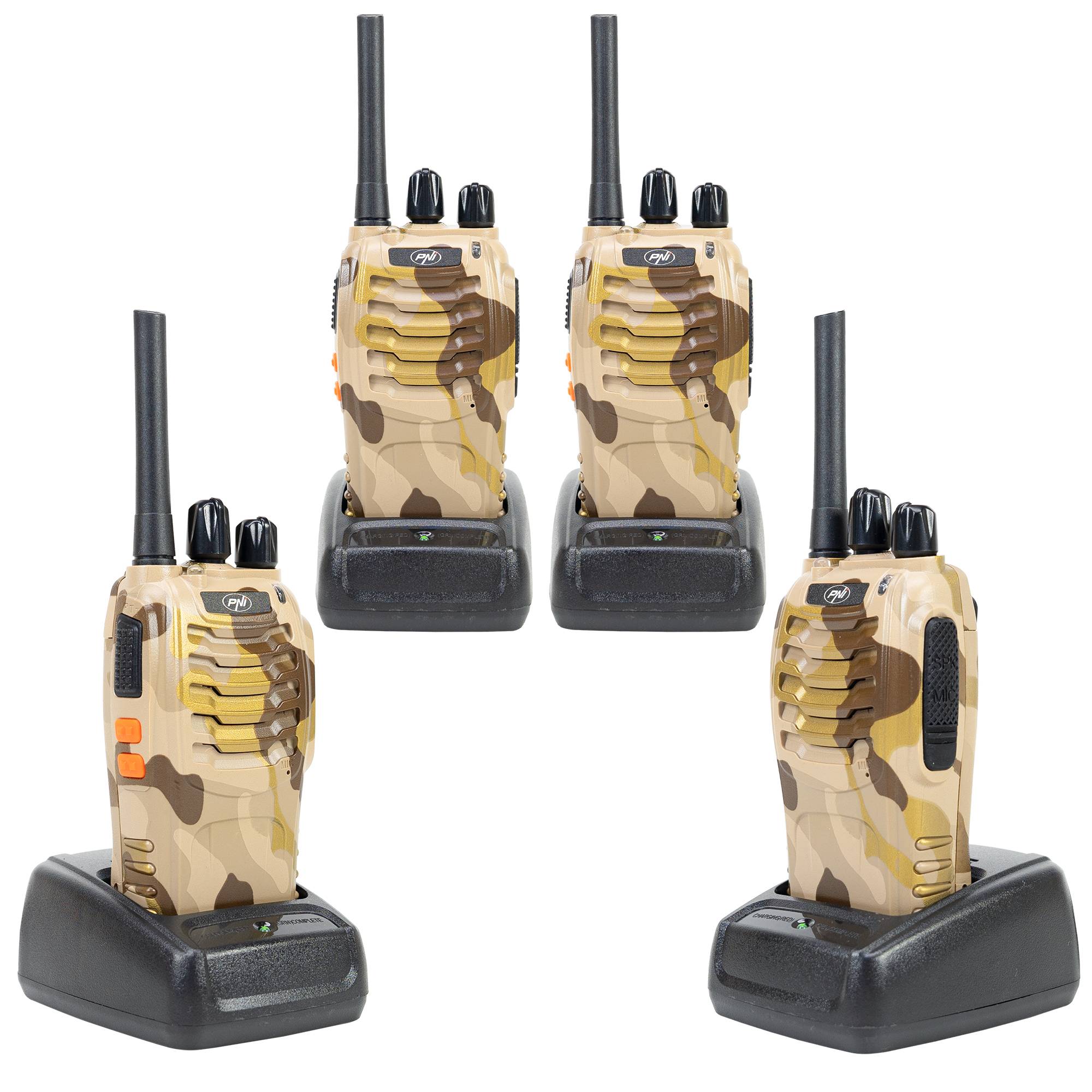 Paket mit tragbaren Radiosendern PNI PMR R40 Camo 0,5 W, 16 Kanäle, ASQ, TOT, Monitor, programmierbar, Li-Ion 1200 mAh Akkus, Ladegeräte und Kopfhö