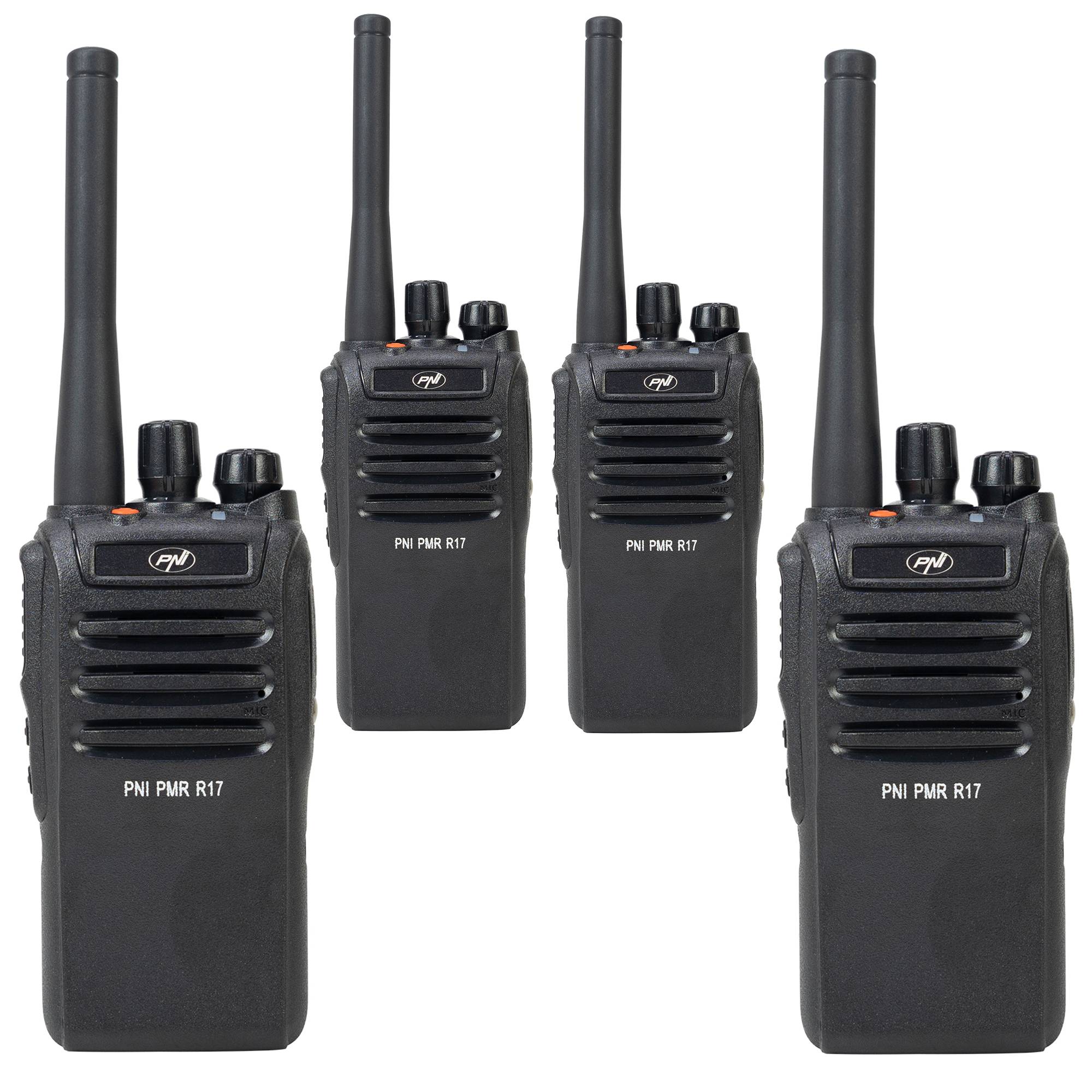 Kit mit 4 tragbaren Radiosendern PNI PMR R17 446 MHz, 0,5 W, 16 PMR-Kanäle und 50 CTCSS- und 104 DCS-Töne, programmierbar, Li-Ion 2200 mAh, IP68