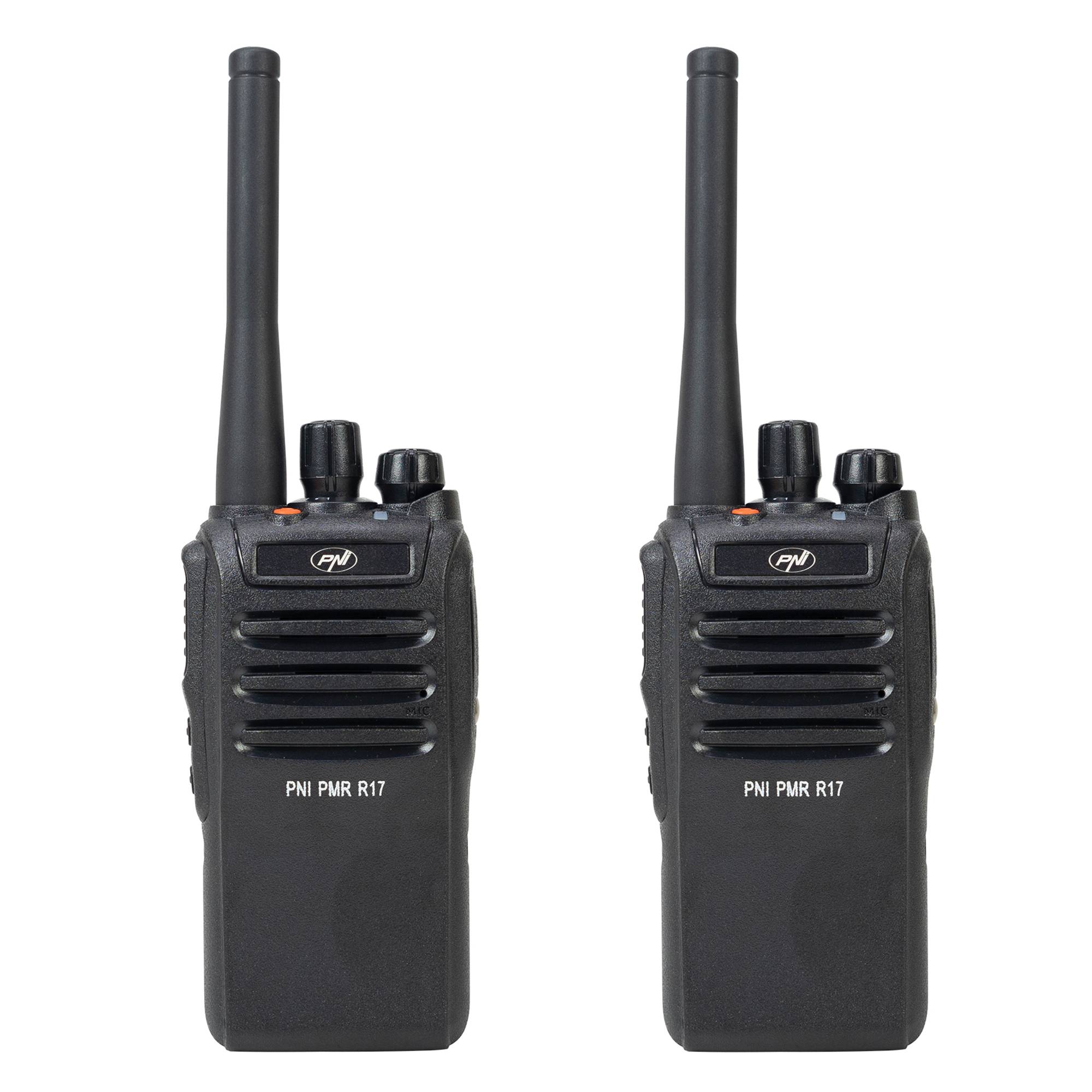 Kit mit 2 tragbaren Radiosendern PNI PMR R17 446 MHz, 0,5 W, 16 PMR-Kanäle und 50 CTCSS- und 104 DCS-Töne, programmierbar, Li-Ion 2200 mAh, IP68