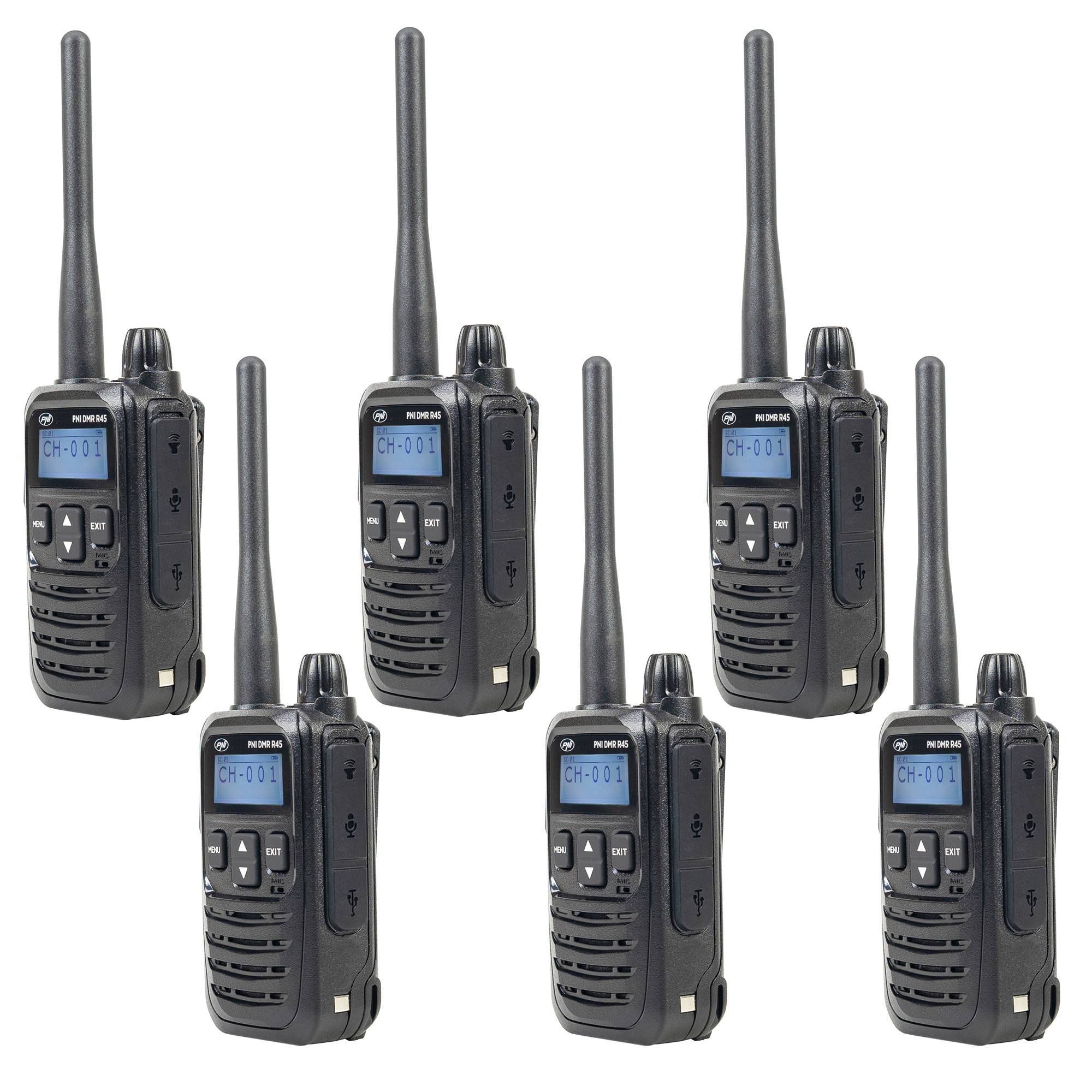 Kit mit 6 tragbaren Radiosendern PNI DMR R45, digital und analog, 446 MHz, 16 digitale Kanäle und 99 analoge Kanäle, Sprachaufzeichnungsfunktion, Li