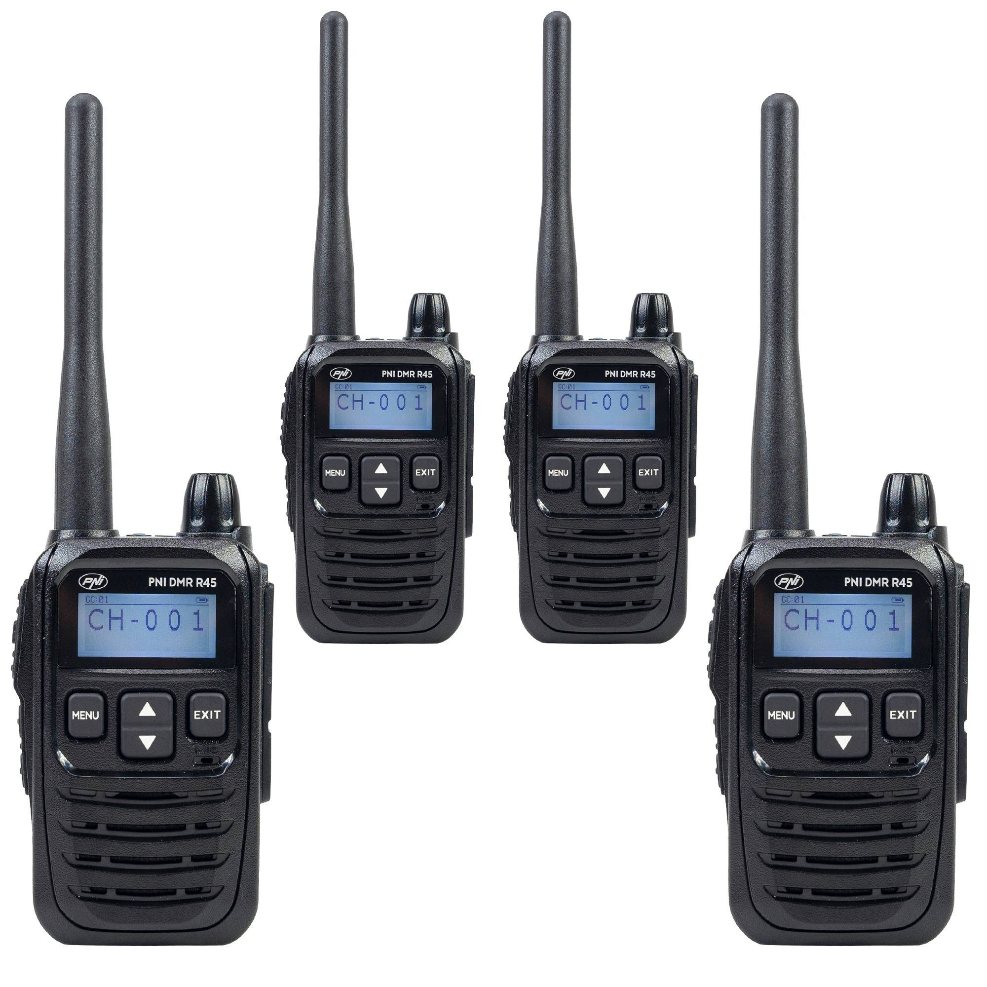 Kit mit 4 tragbaren Radiosendern PNI DMR R45, digital und analog, 446 MHz, 16 digitale Kanäle und 99 analoge Kanäle, Sprachaufzeichnungsfunktion, Li