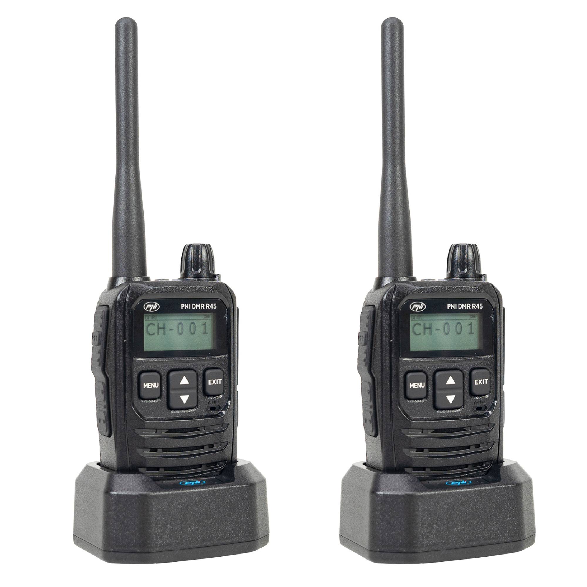Kit mit 2 tragbaren Radiosendern PNI DMR R45, digital und analog, 446 MHz, 16 digitale Kanäle und 99 analoge Kanäle, Sprachaufzeichnungsfunktion, Li