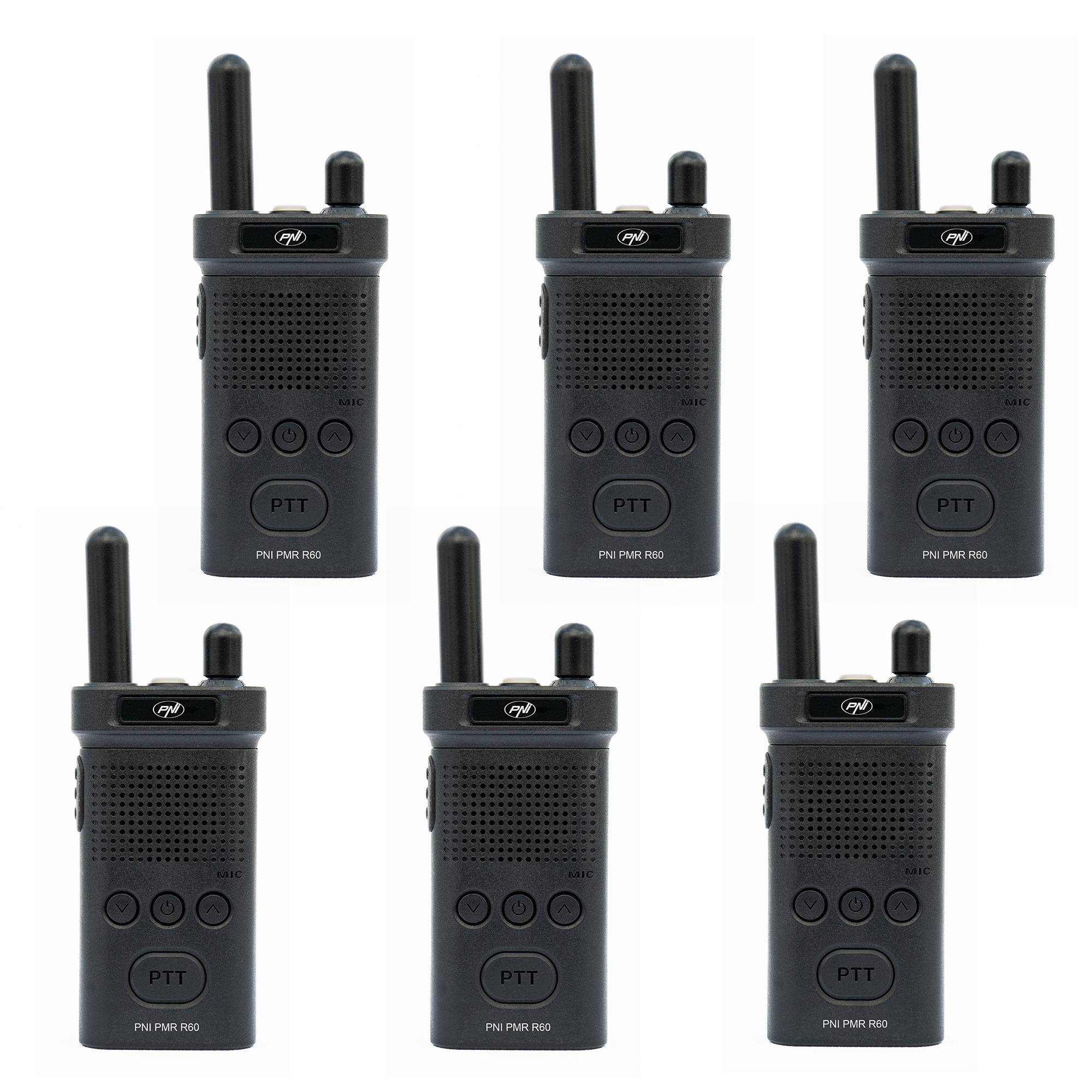 Kit mit 6 tragbaren Radiosendern PNI PMR R60 446 MHz, 0,5 W, 16 programmierbare Kanäle, 16 PMR- und 50 CTCSS- und 104 DCS-Töne, Scan, Tastensperre