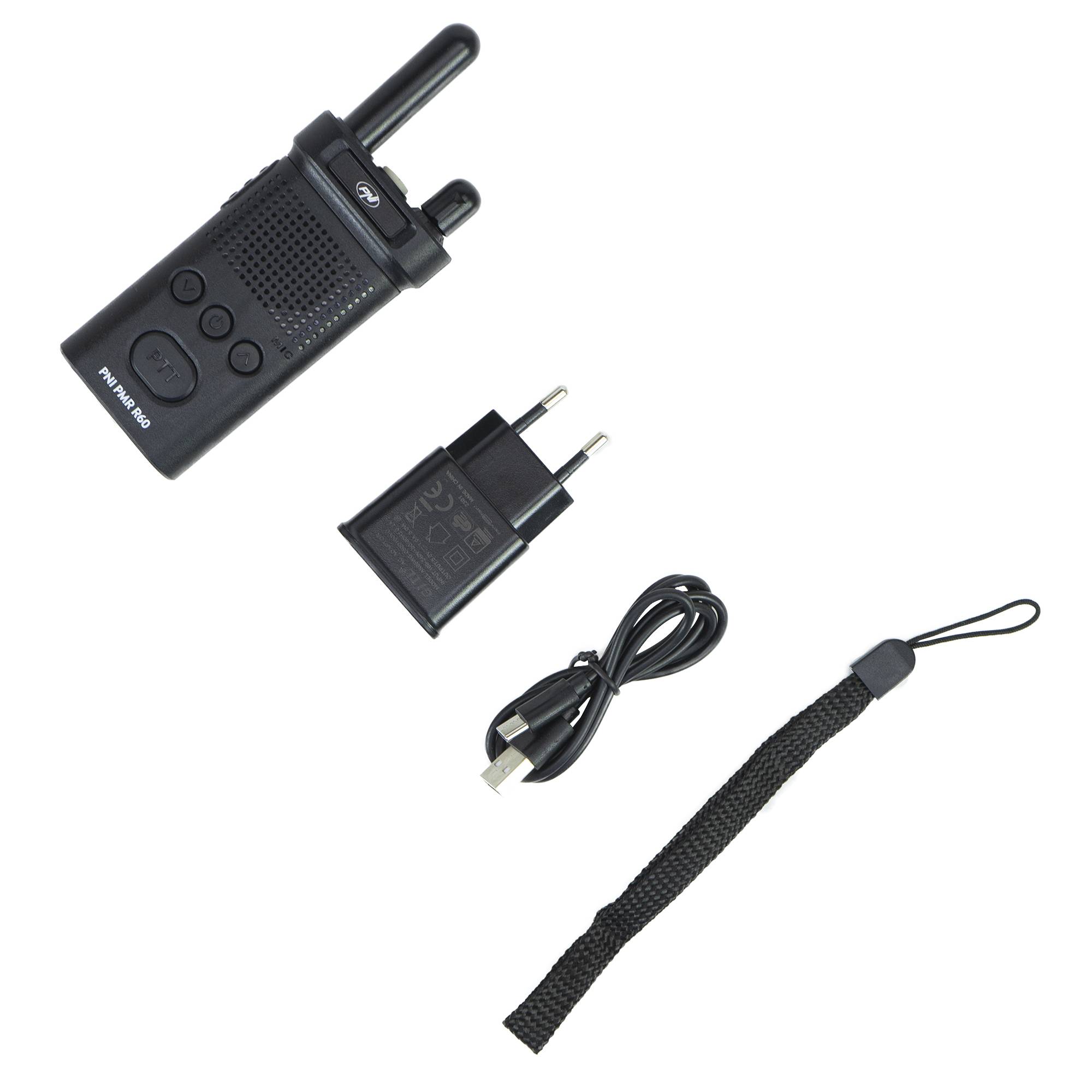 Kit mit 2 tragbaren Radiosendern PNI PMR R60 446 MHz, 0,5 W, 16 programmierbare Kanäle, 16 PMR- und 50 CTCSS- und 104 DCS-Töne, Scan, Tastensperre