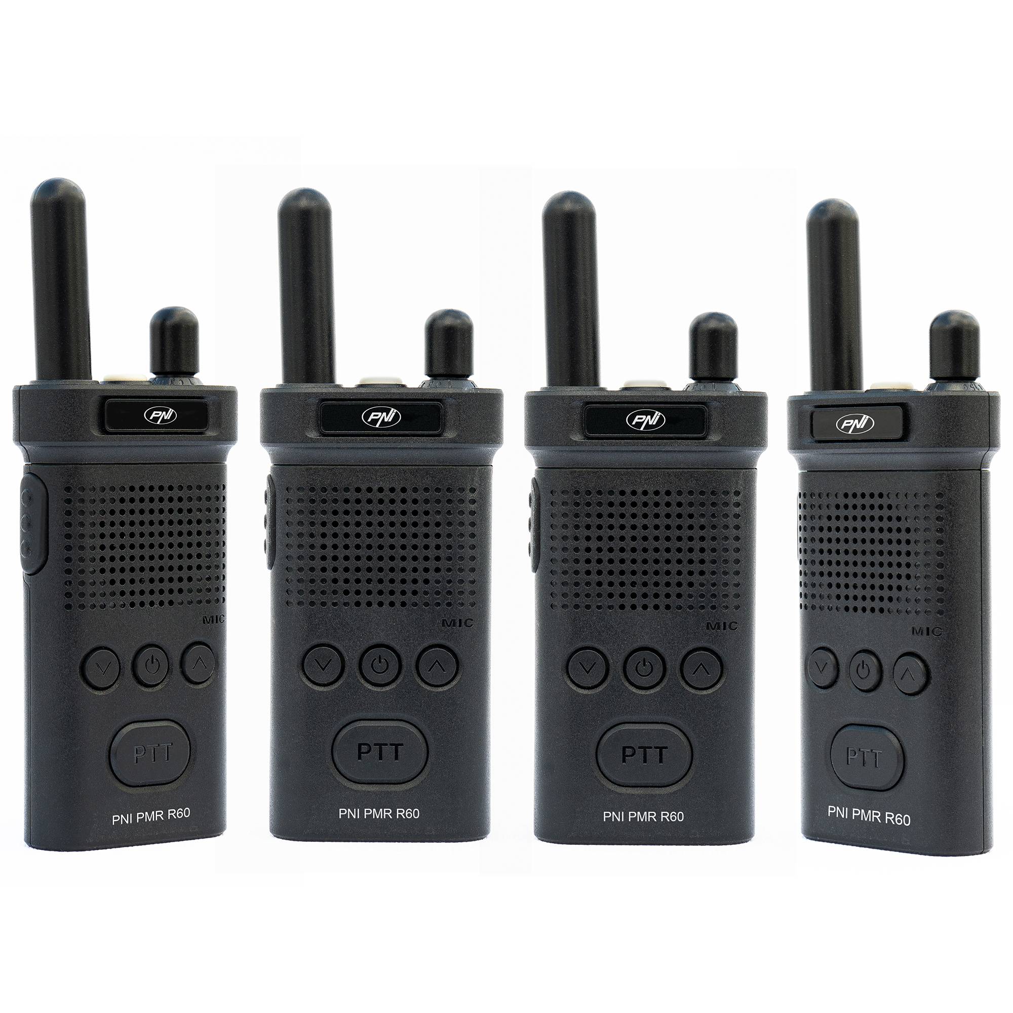 Kit mit 4 tragbaren Radiosendern PNI PMR R60 446 MHz, 0,5 W, 16 programmierbare Kanäle, 16 PMR- und 50 CTCSS- und 104 DCS-Töne, Scan, Tastensperre