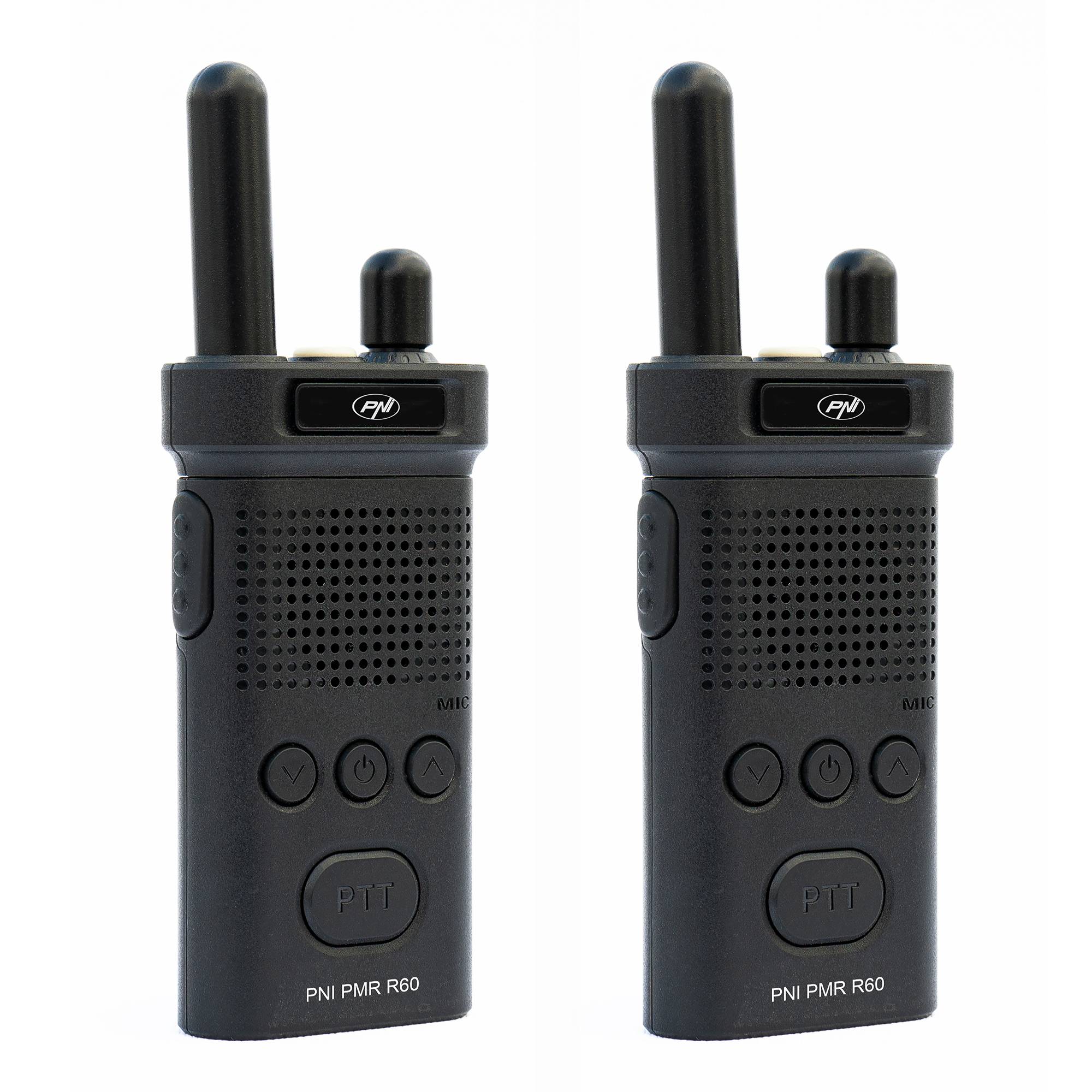 Kit mit 2 tragbaren Radiosendern PNI PMR R60 446 MHz, 0,5 W, 16 programmierbare Kanäle, 16 PMR- und 50 CTCSS- und 104 DCS-Töne, Scan, Tastensperre