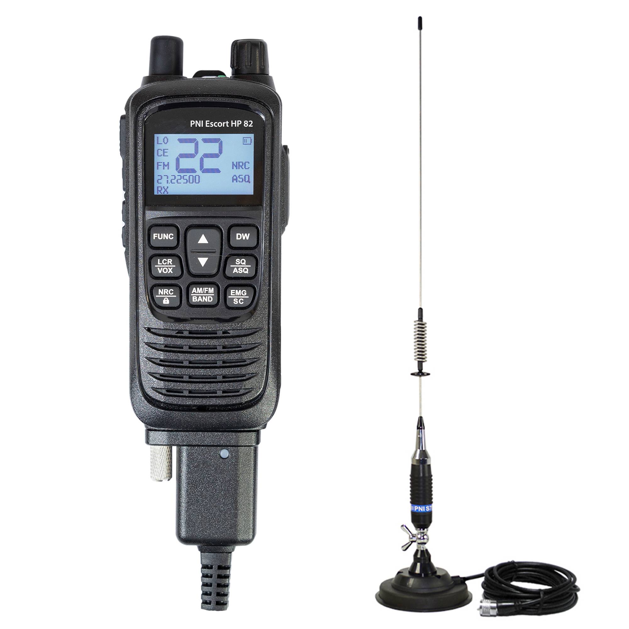 Kit tragbarer CB-Radiosender PNI Escort HP 82, Multistandard, 4 W, 12 V, AM-FM und CB-Antenne PNI S75, 75 cm, mit mitgeliefertem Magnet
