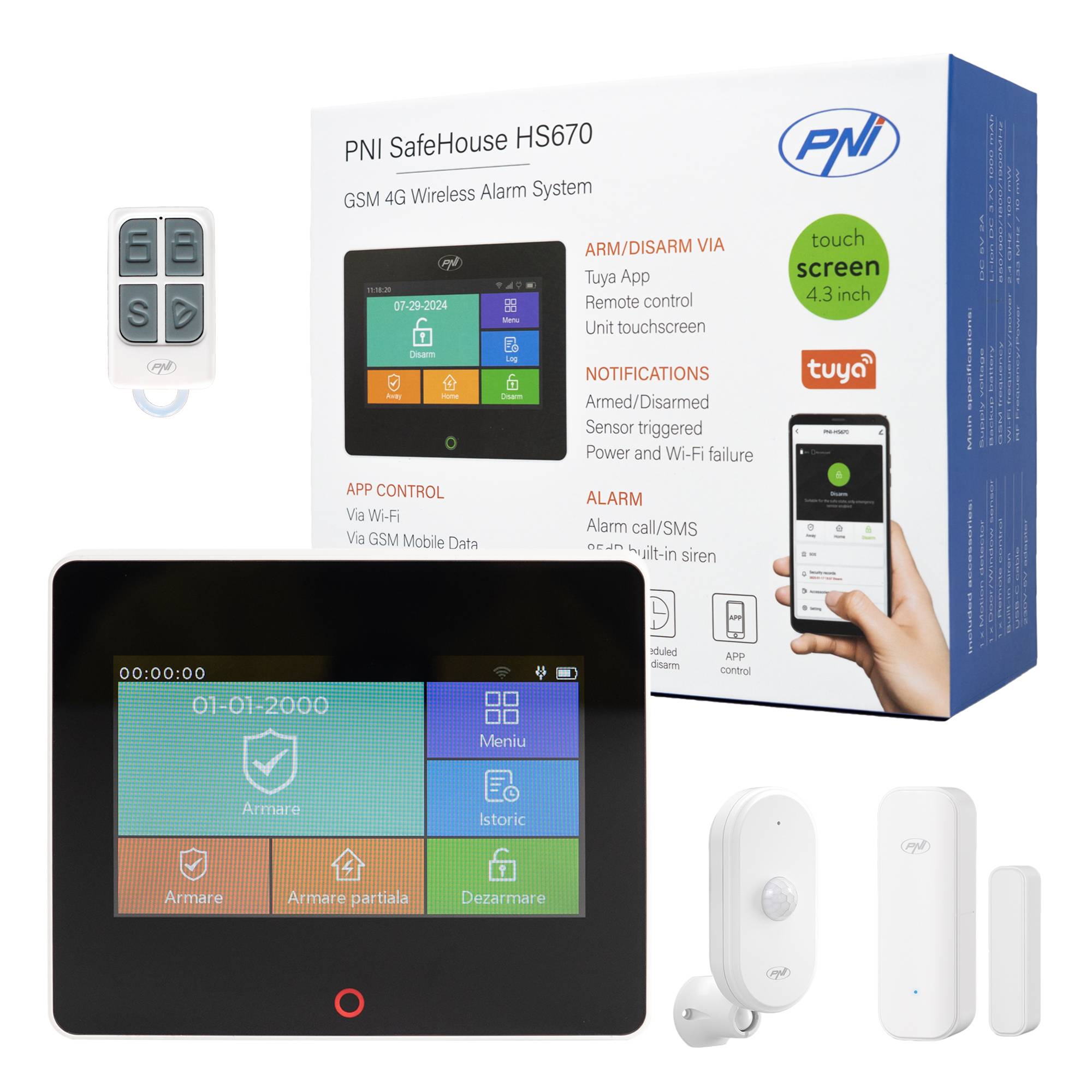 Drahtloses Alarmsystem PNI SafeHouse HS670 WiFi GSM 4G, Farb-Touchscreen, 99 drahtlose Zonen, unterstützt 5 Telefonnummern, Alarmruf und SMS