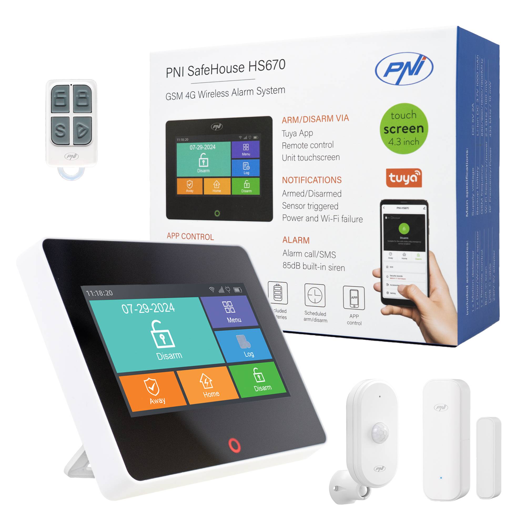 Drahtloses Alarmsystem PNI SafeHouse HS670 WiFi GSM 4G, Farb-Touchscreen, 99 drahtlose Zonen, unterstützt 5 Telefonnummern, Alarmruf und SMS