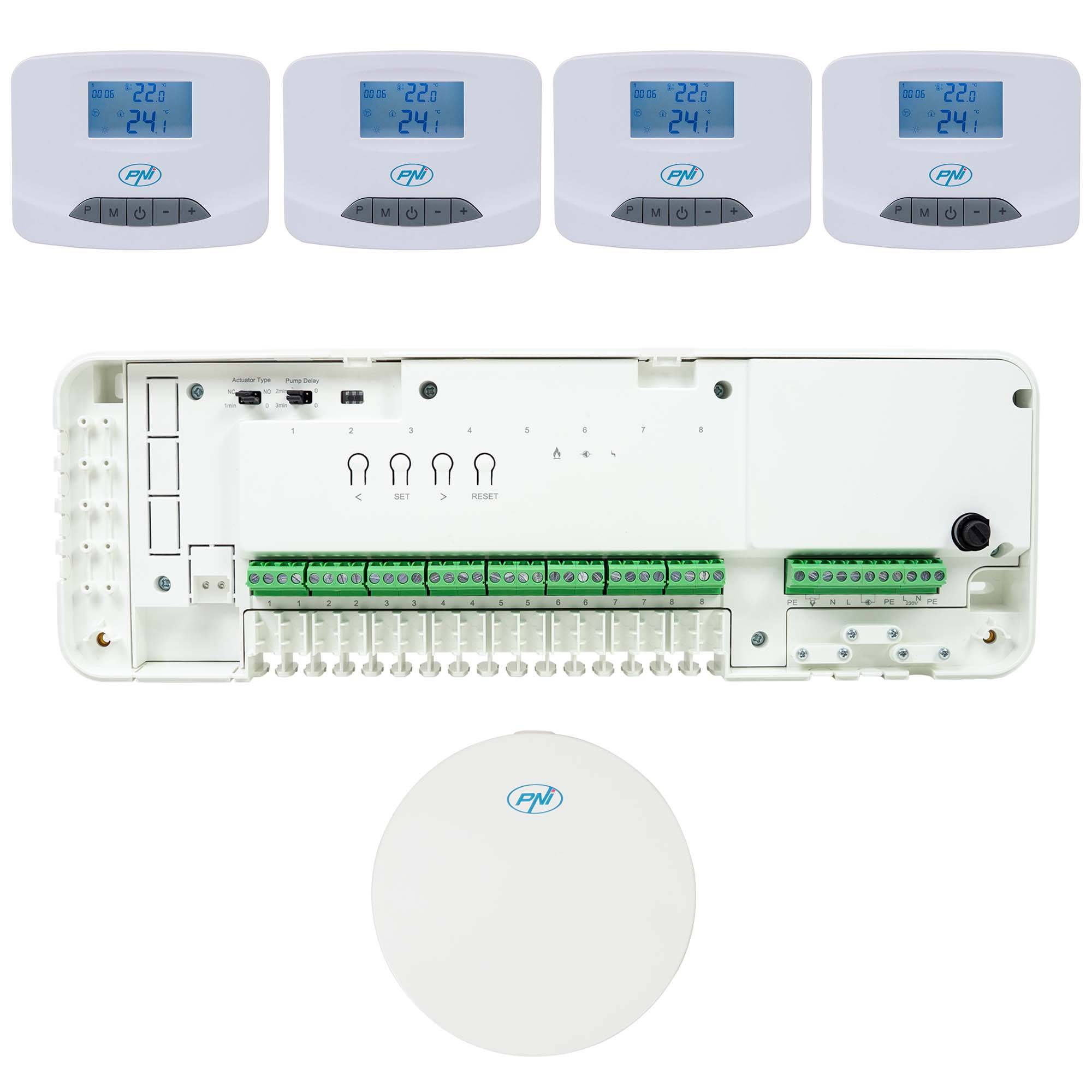 Wi-Fi-Automatisierungskit PNI CT28 Pro 4 für Fußbodenheizung, Tuya Smart Mobile App, 4 Steuergeräte und Internet-Hub enthalten