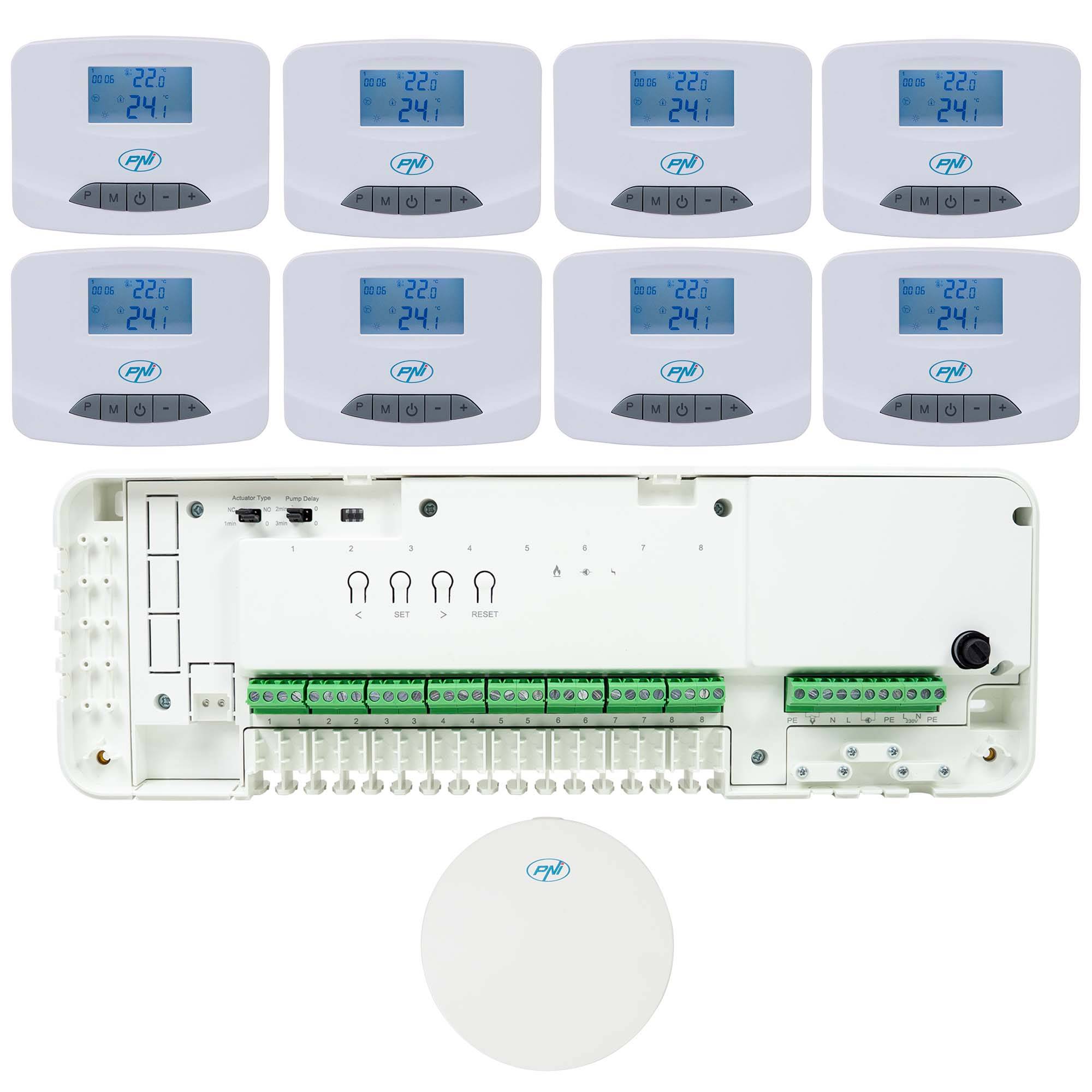 PNI CT28 Pro 8 Wi-Fi-Automatisierungskit für Fußbodenheizung, mobile Tuya Smart-Anwendung, 8 Steuergeräte und Internet-Hub inklusive
