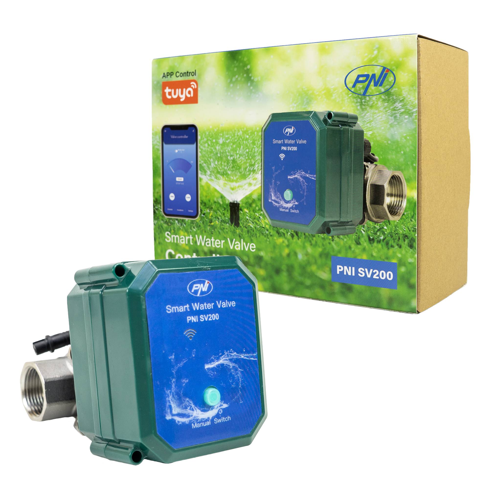 Intelligentes Wasserventil PNI SV200, Wi-Fi-Konnektivität, IP65, DN20, 3/4 Tuya-Anwendung, kompatibel mit Amazon Alexa und Google Home