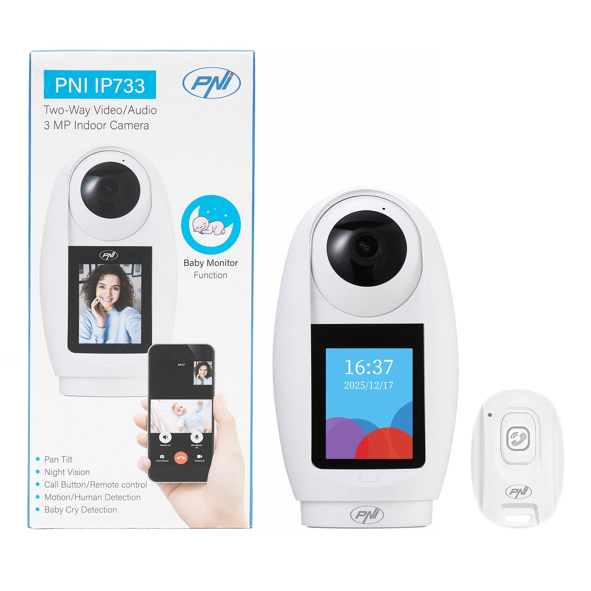 PNI IP733 3MP Videoüberwachungskamera, Zwei-Wege-Audio und Video, mit Bluetooth-Ruftaste, Bildschirm, Babyphone-Funktion