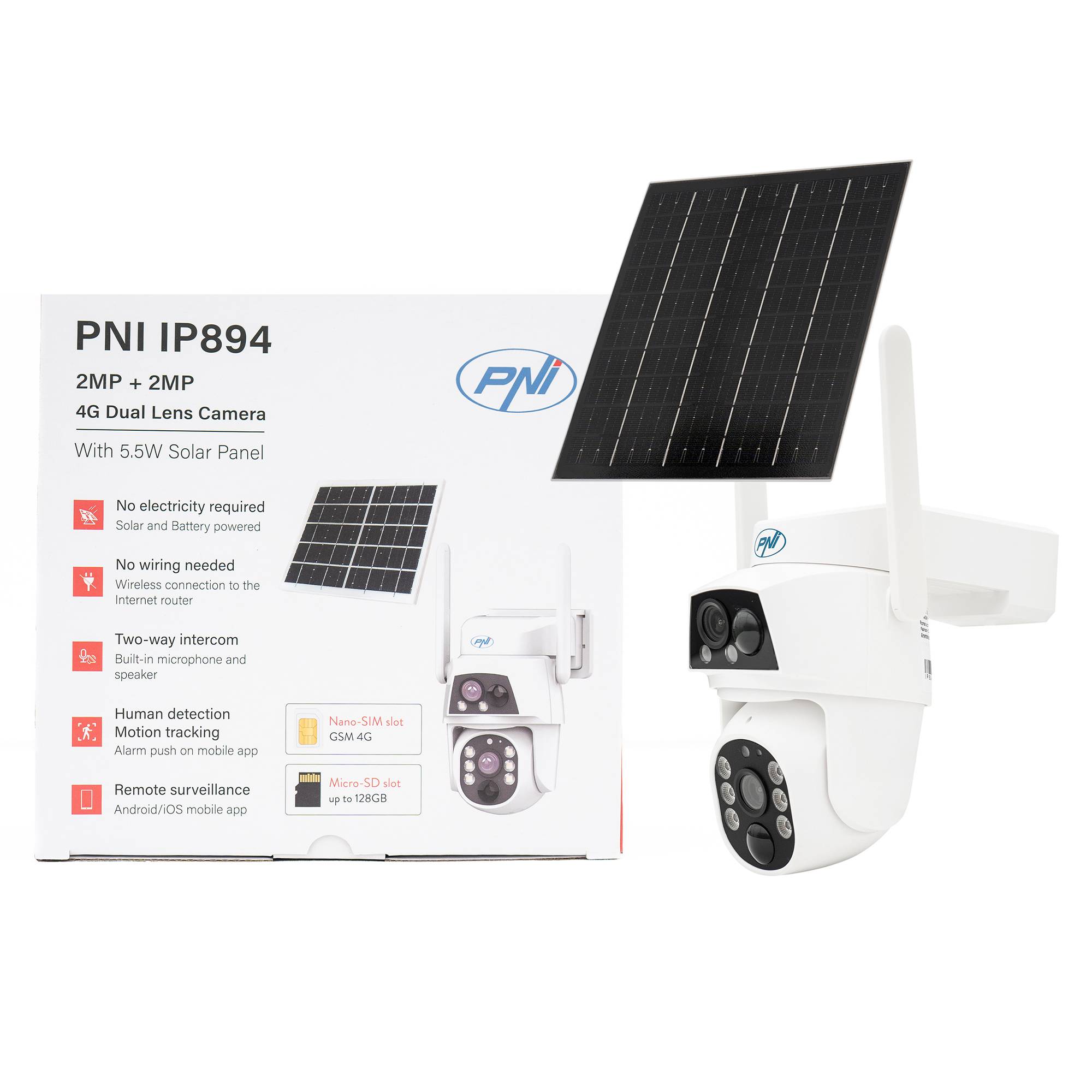 PNI IP894 GSM 4G PTZ Videoüberwachungskamera, Doppelobjektiv 2MP + 2MP, 5,5W Solarpanel, 8000mAh Blockbatterie