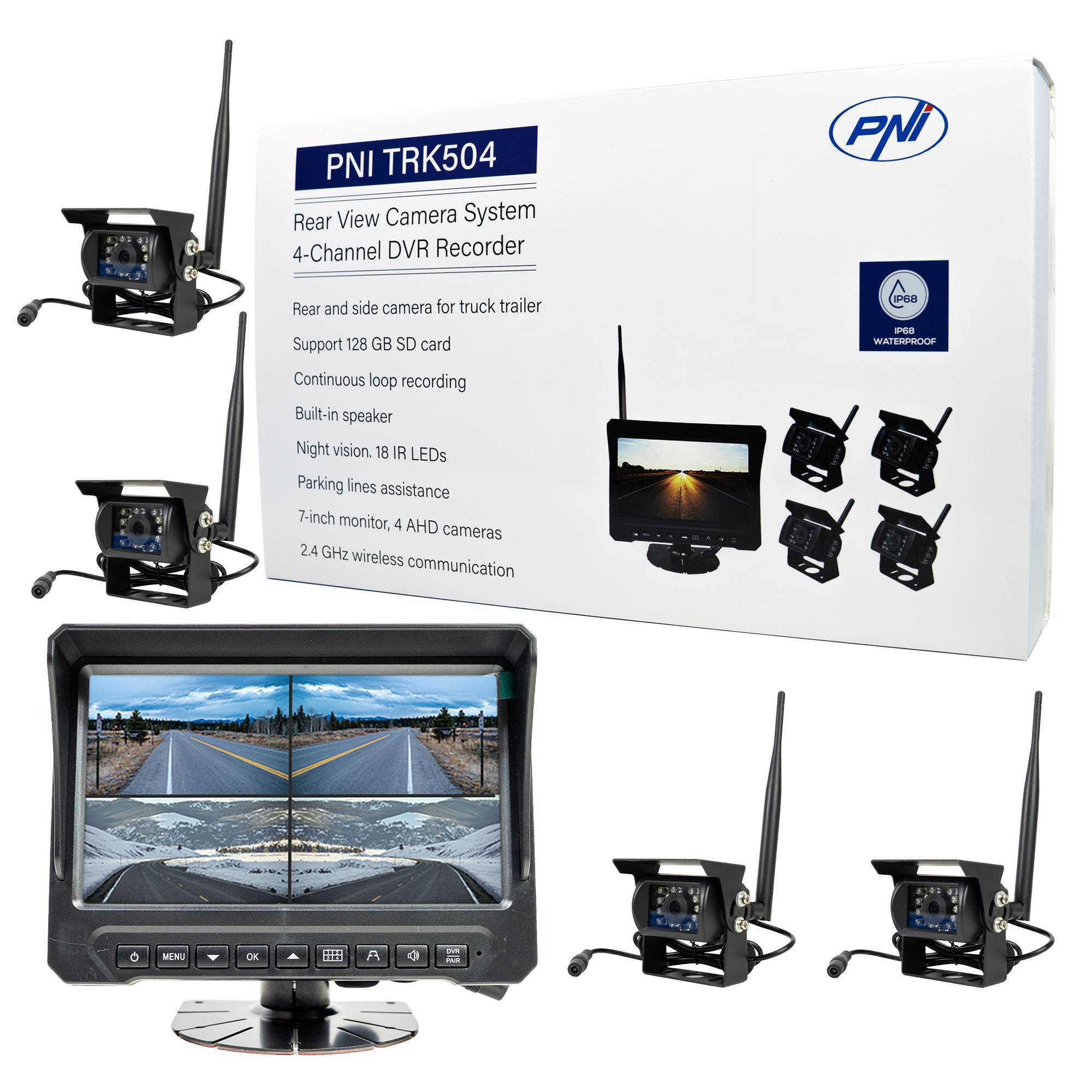 PNI TRK504 kabelloses Videoüberwachungsset für LKW-DVR mit LCD-Monitor und 4 Kameras