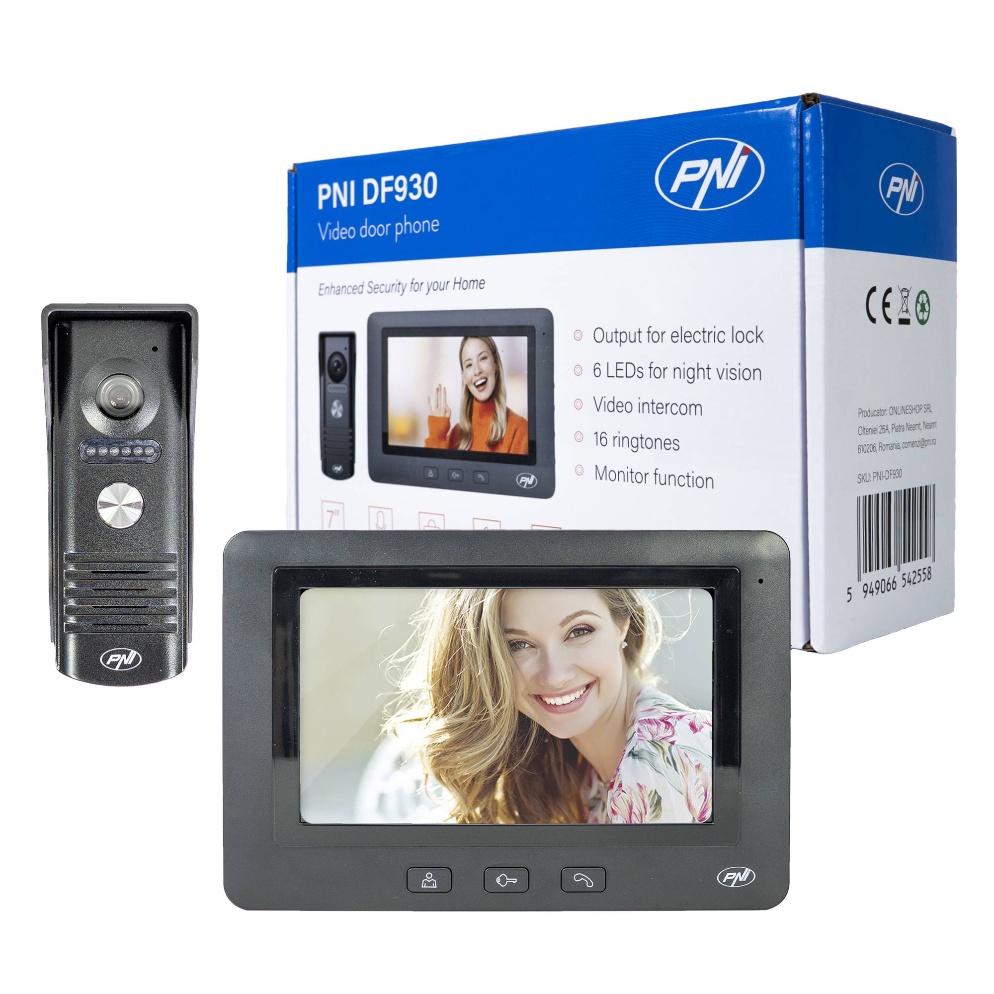 PNI DF930 Video-Gegensprechanlage mit 1 Monitor, 7-Zoll-LCD-Bildschirm, 800 x 480, elektromagnetischer Yala-Ausgang, schwarz