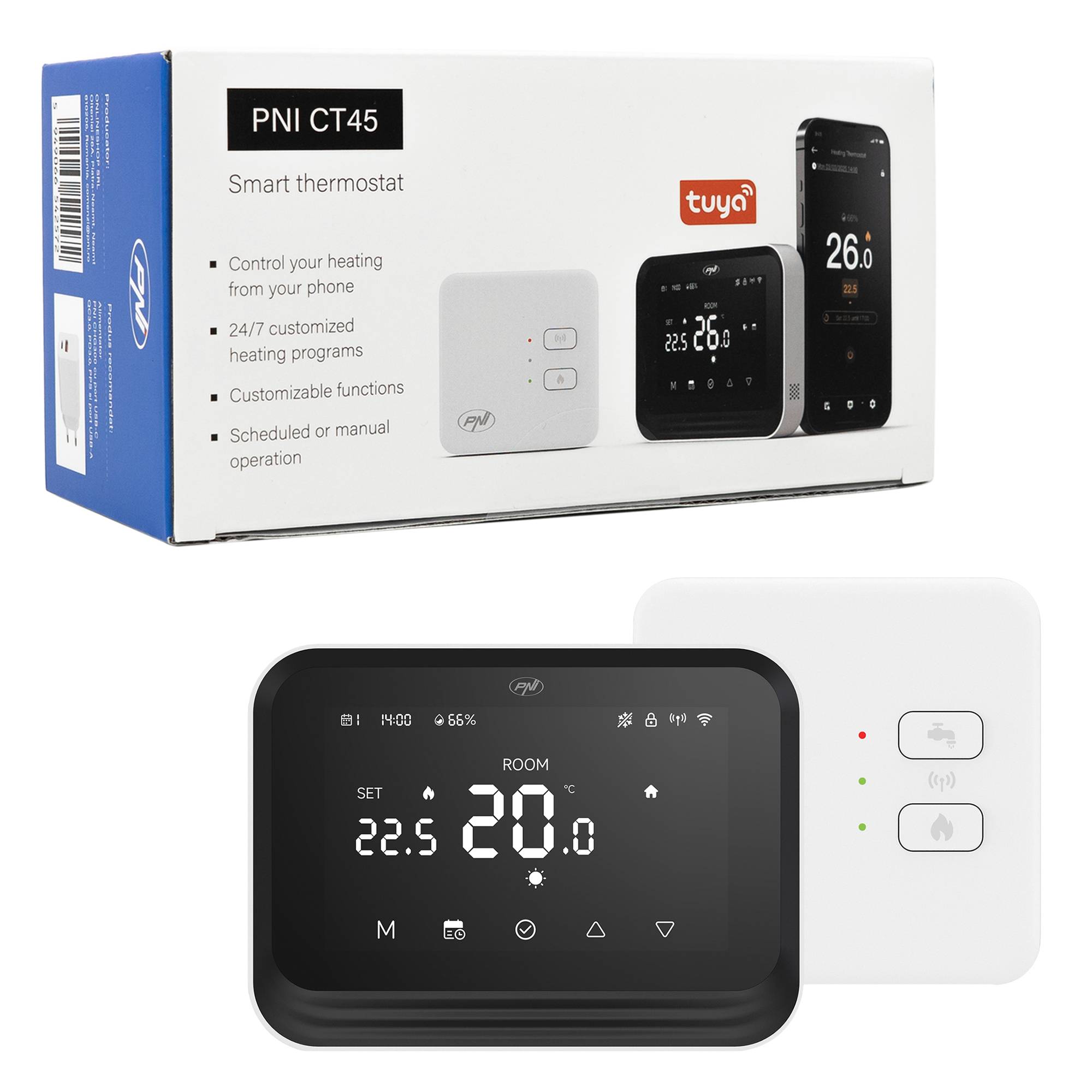 Intelligenter Thermostat PNI CT45, kabellos, WiFi, Hysterese ± 0,1 °C, Feuchtigkeitssensor, Steuerung über das Internet, für Heizungsanlagen, APP